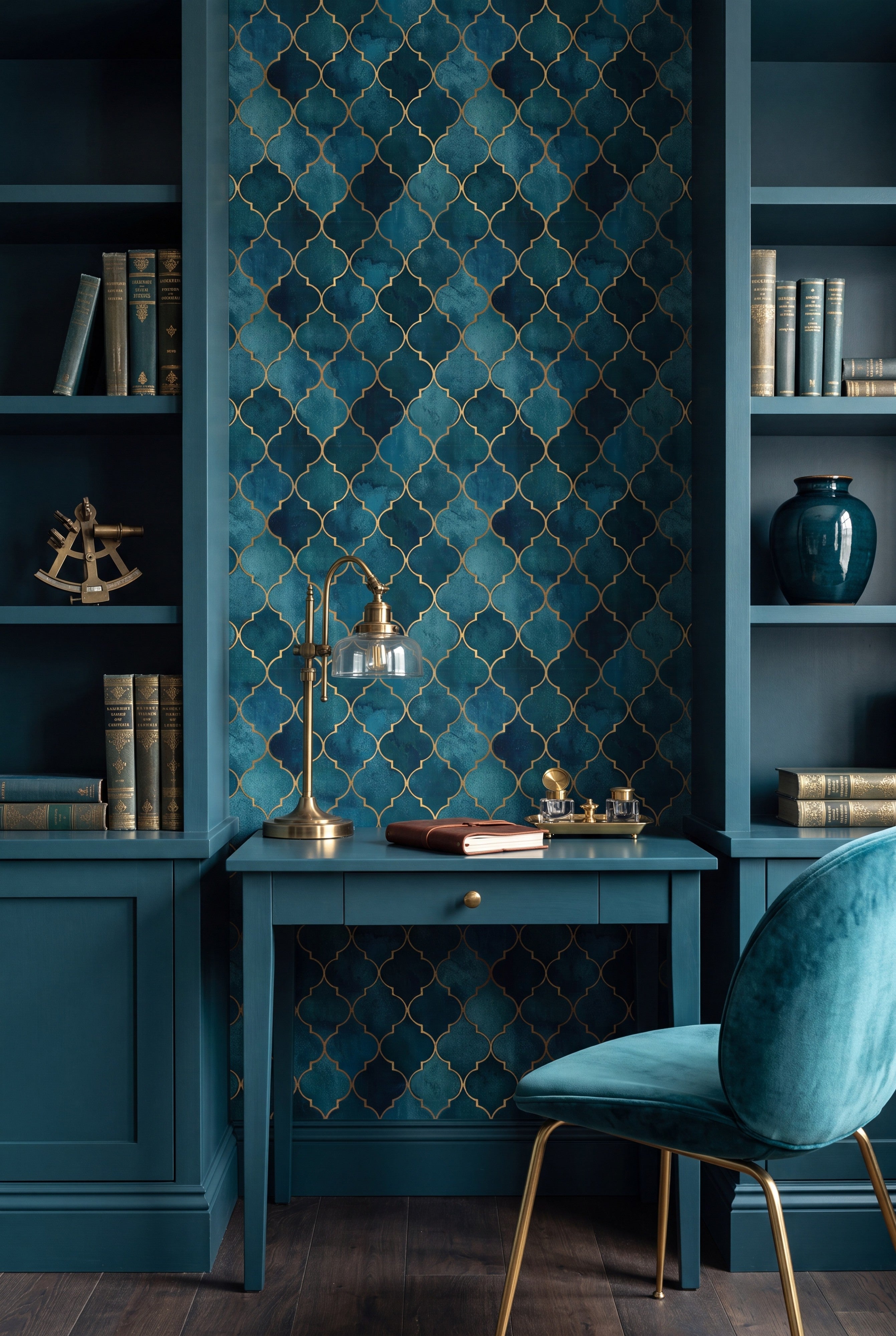 Teal Trellis wallpaper shown in a home office