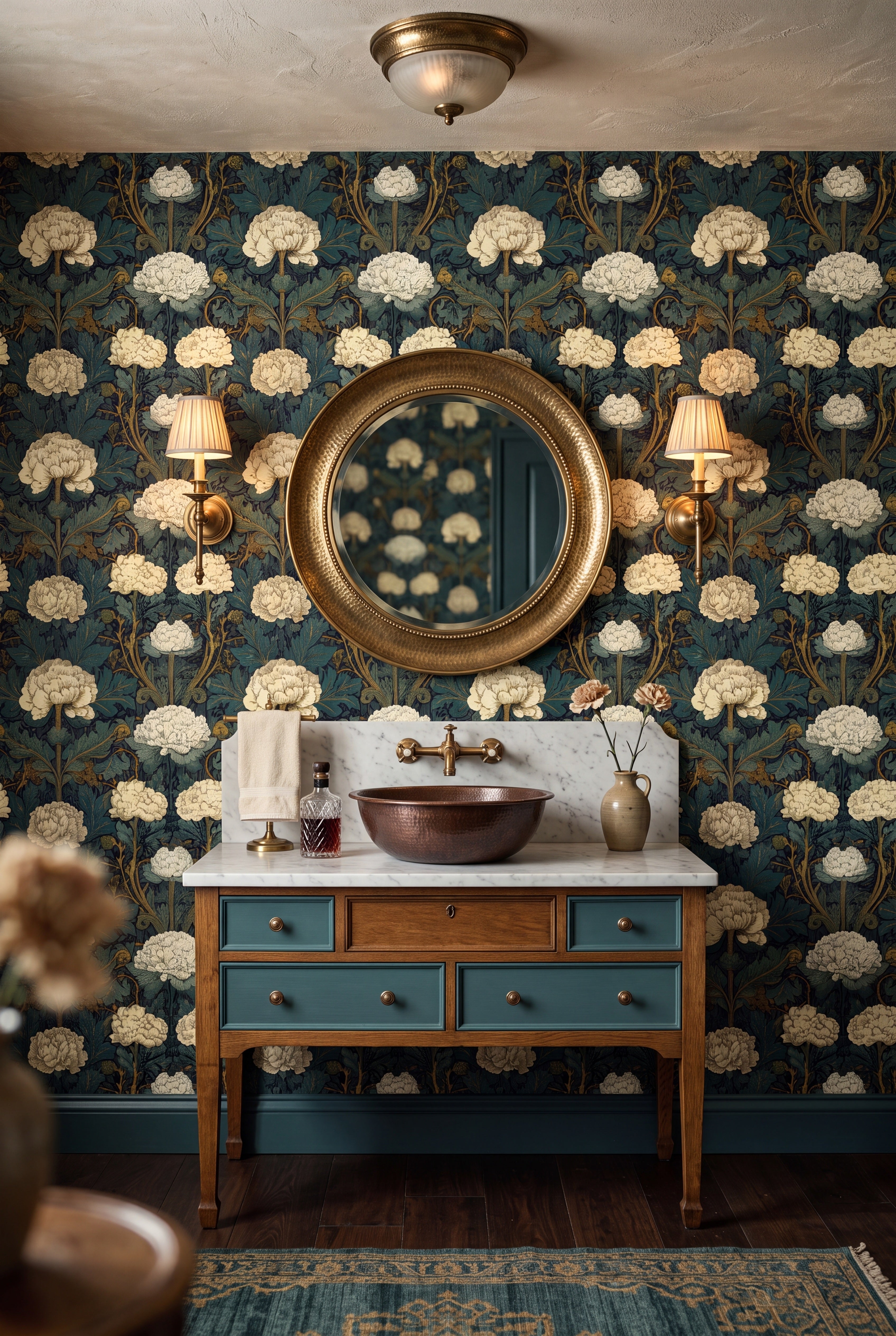 Nouveau Garden wallpaper shown in a powder room