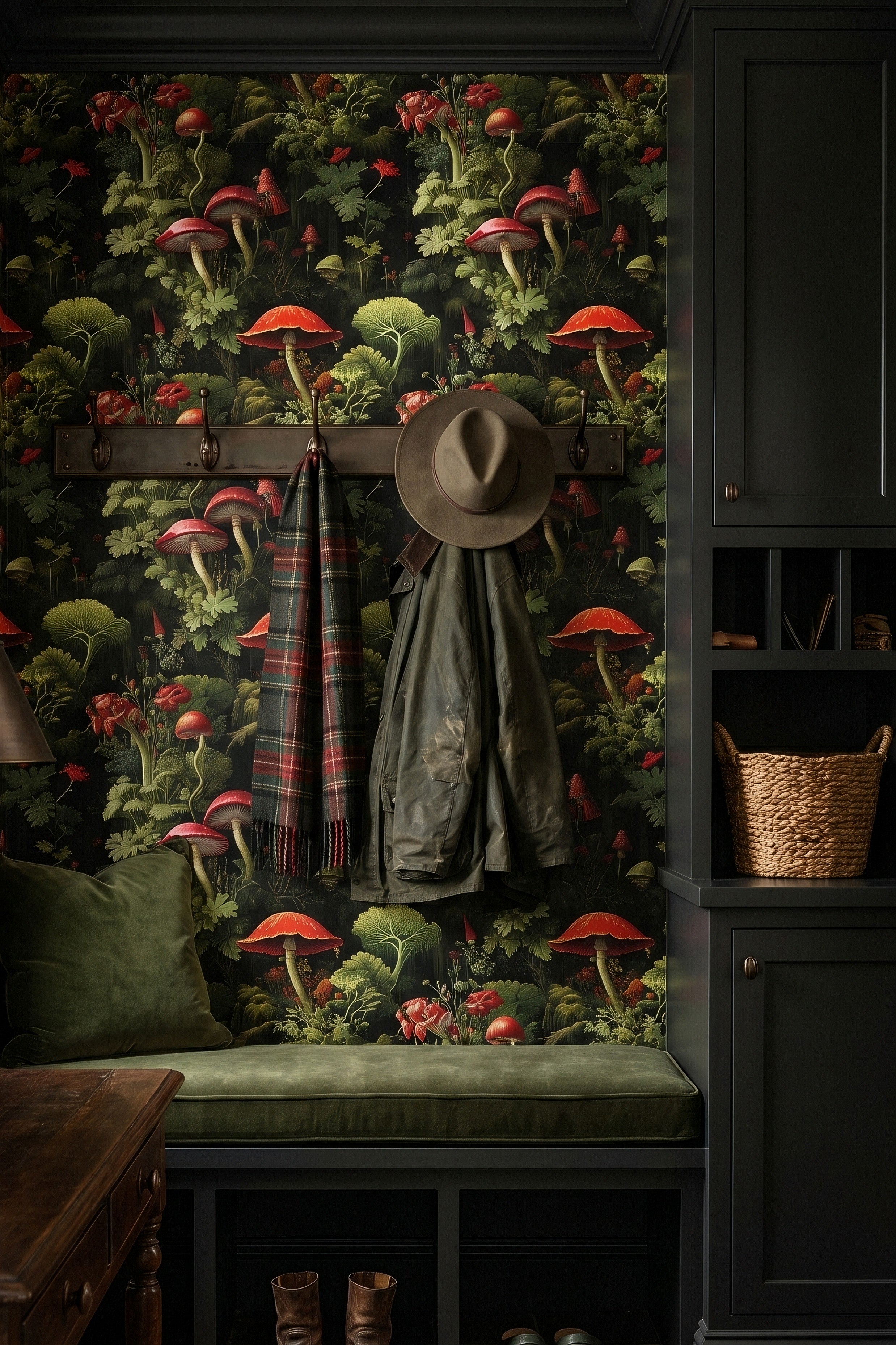 Fairy Ring wallpaper shown in a mudroom