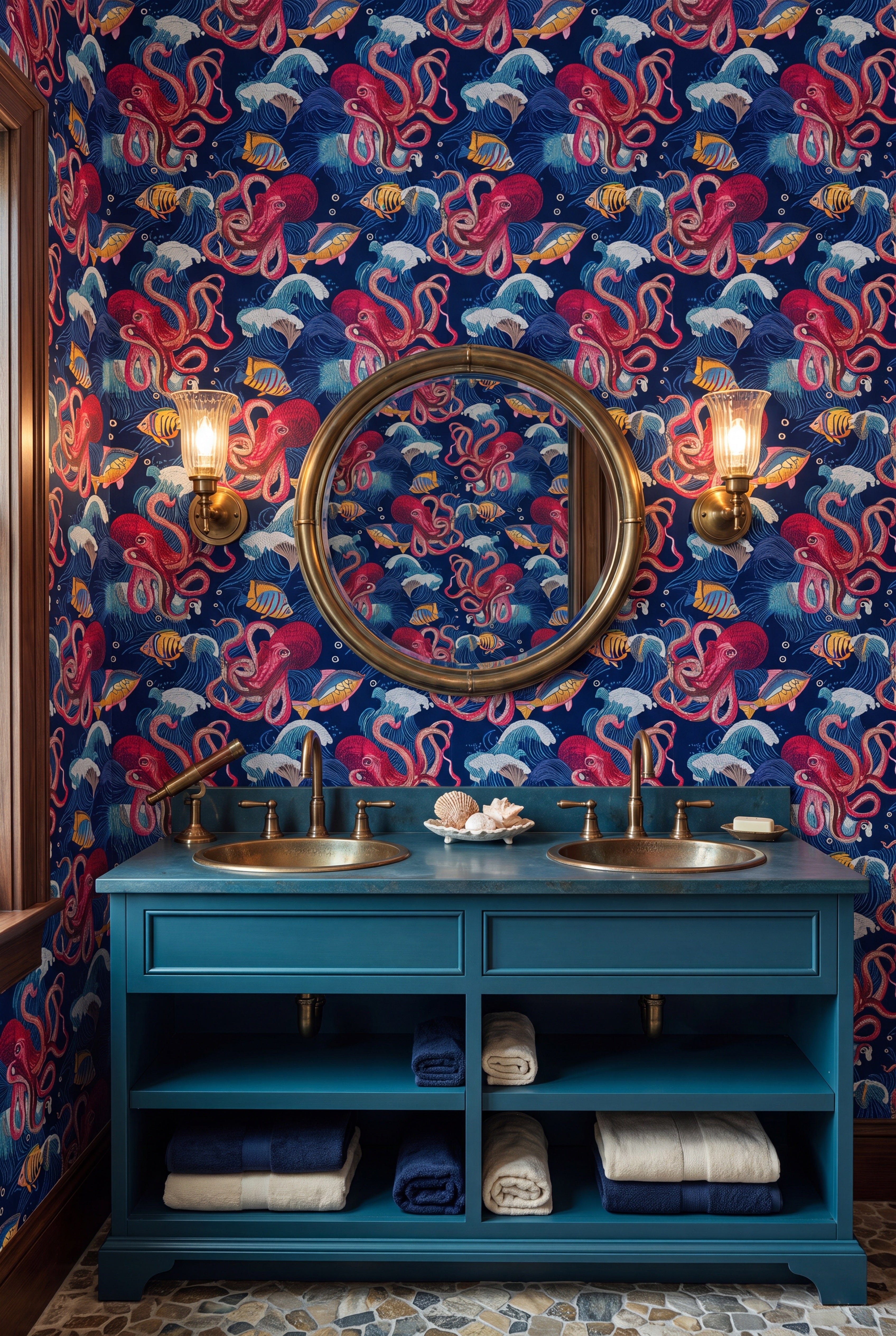 Under the Sea wallpaper shown in a powder room
