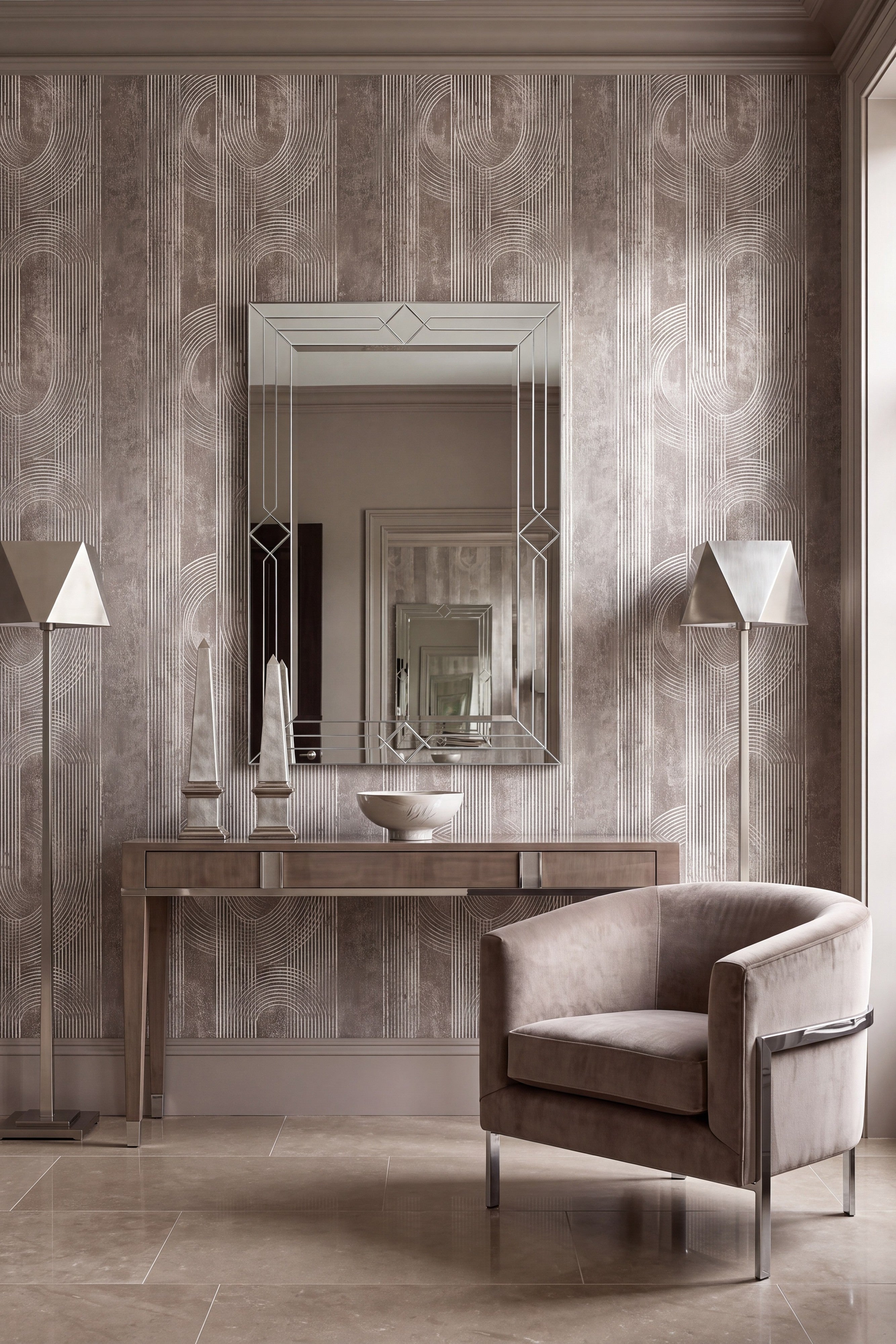 Archway wallpaper shown in a living room