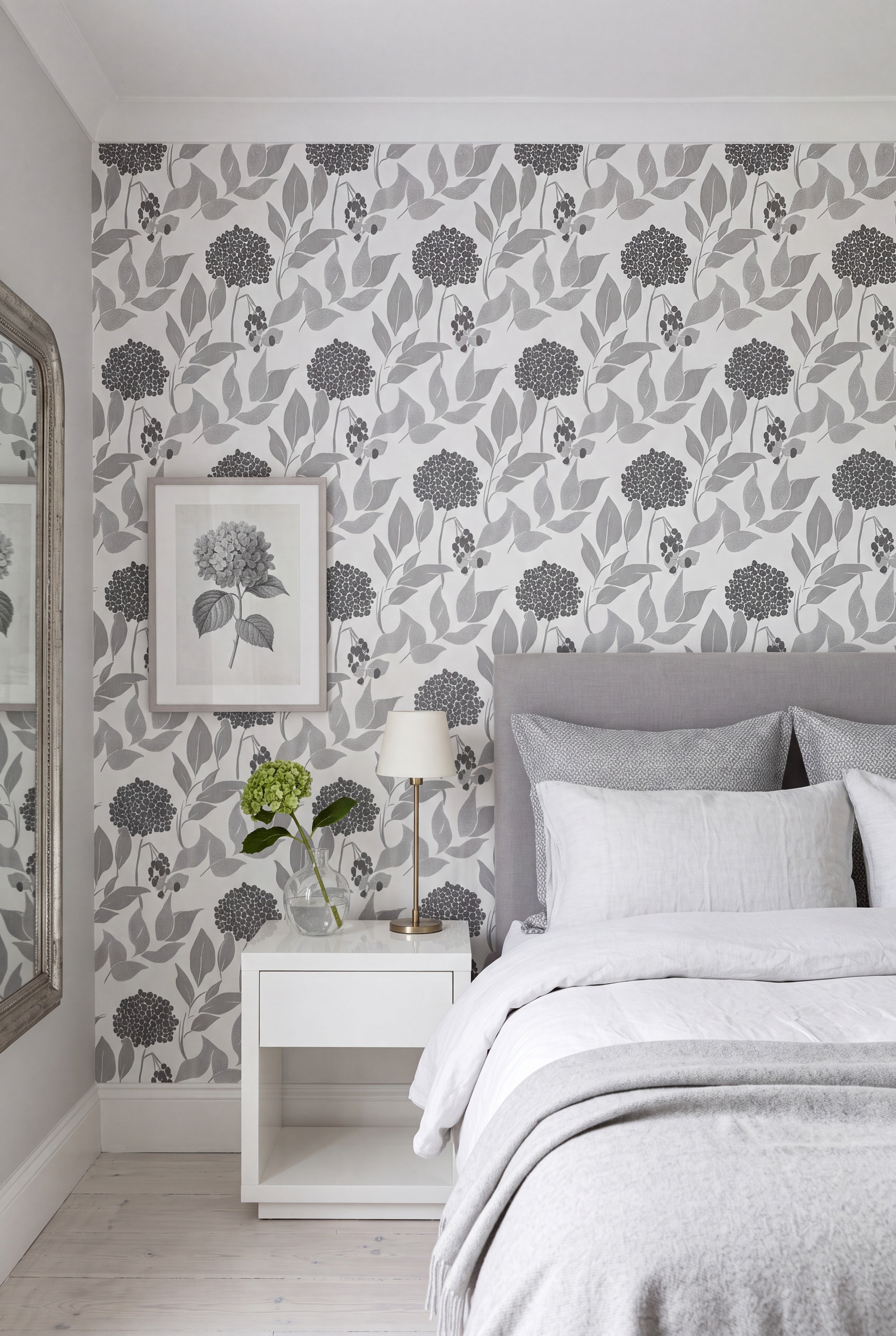 Ash Leaf wallpaper shown in a bedroom