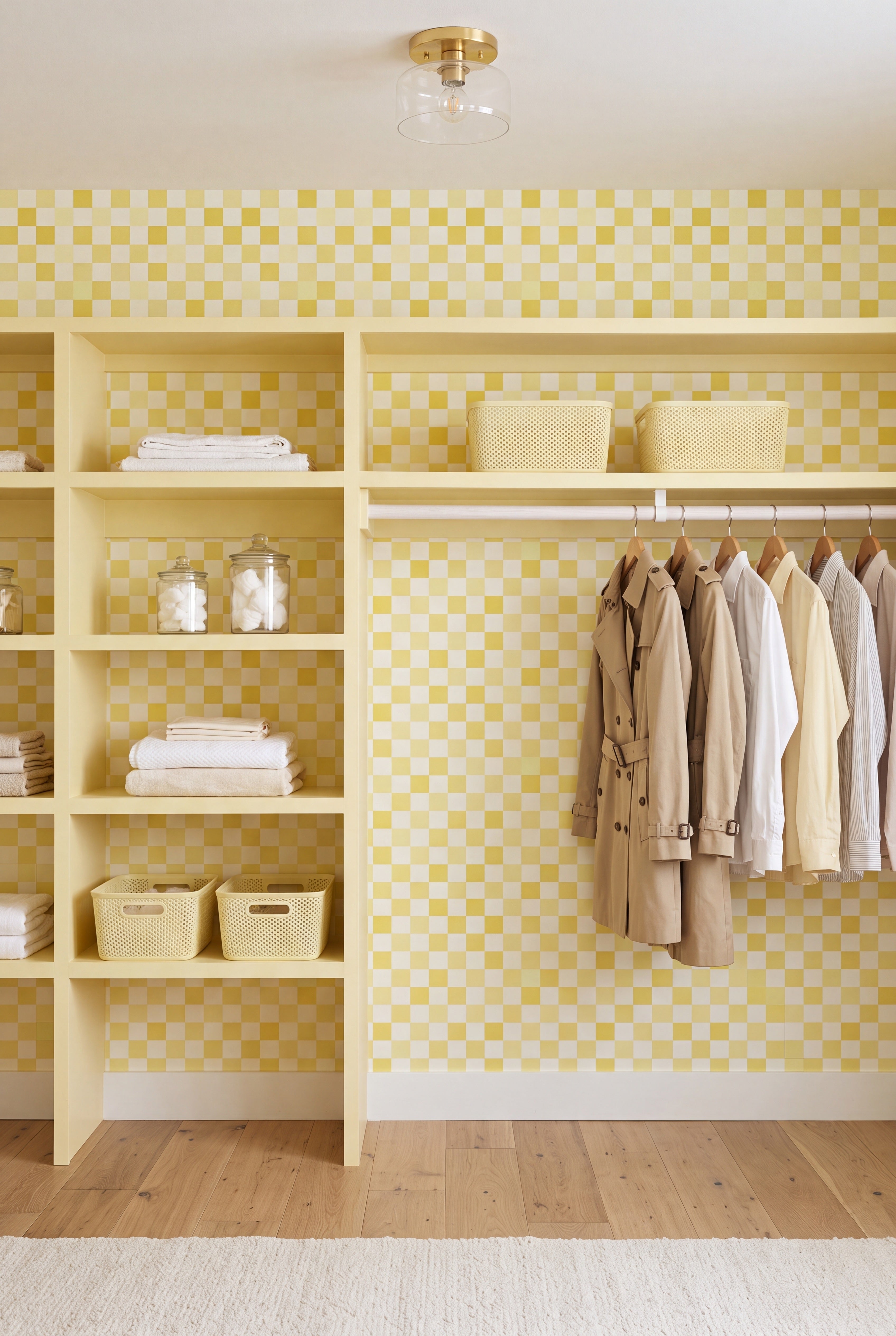 Lemon Check wallpaper shown in a closet