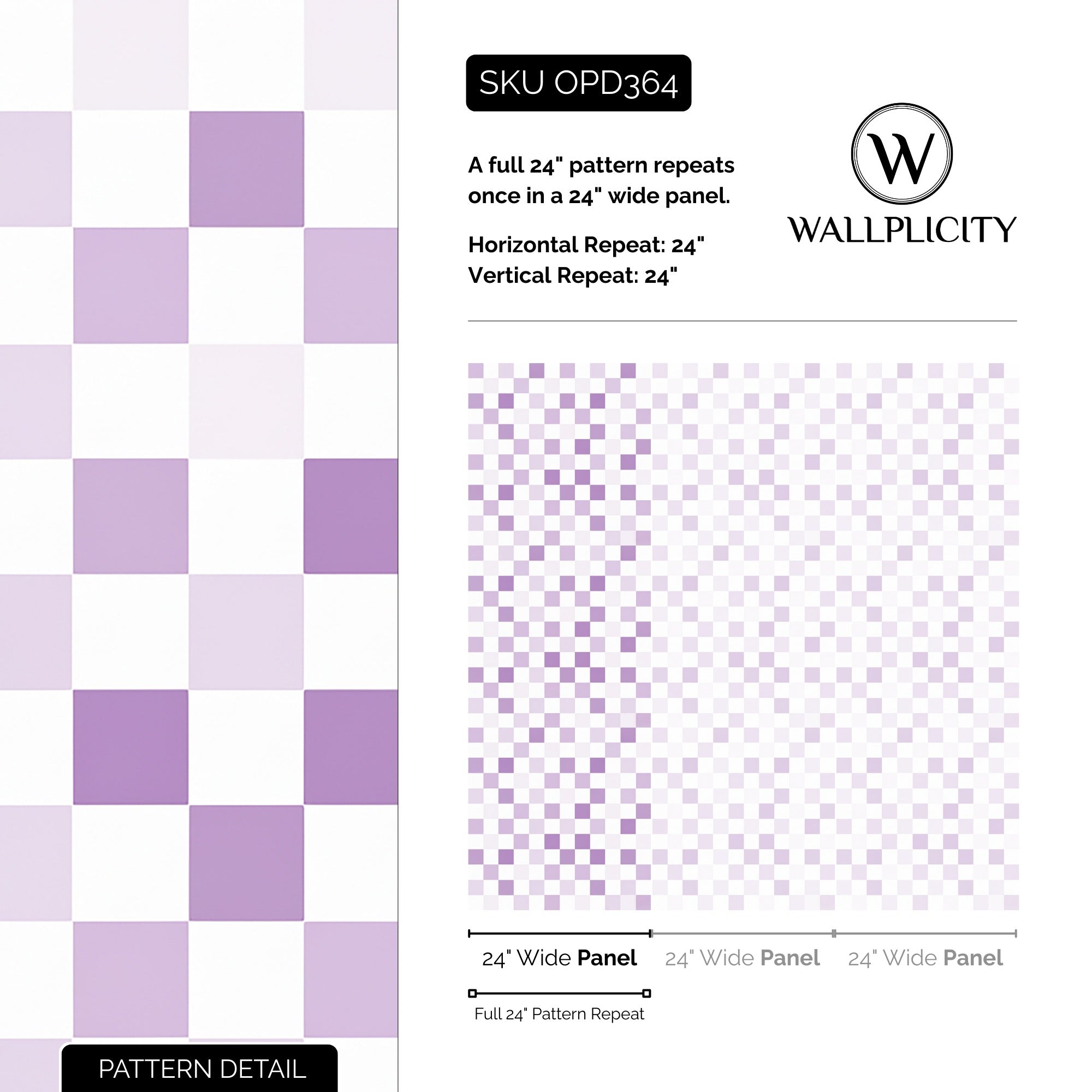 Lilac Check wallpaper pattern detail and repeat size
