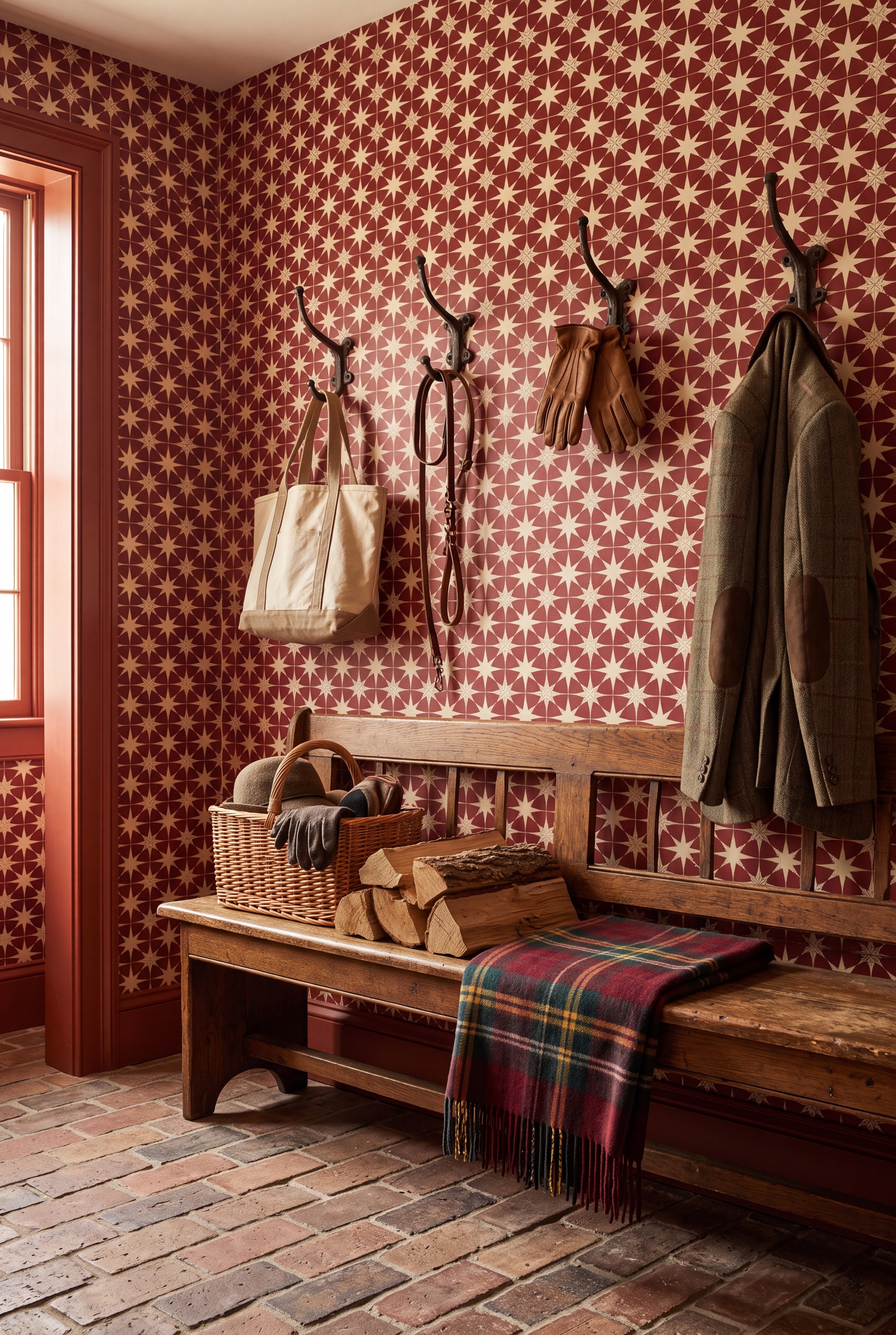 Kasbah Star wallpaper shown in a mudroom