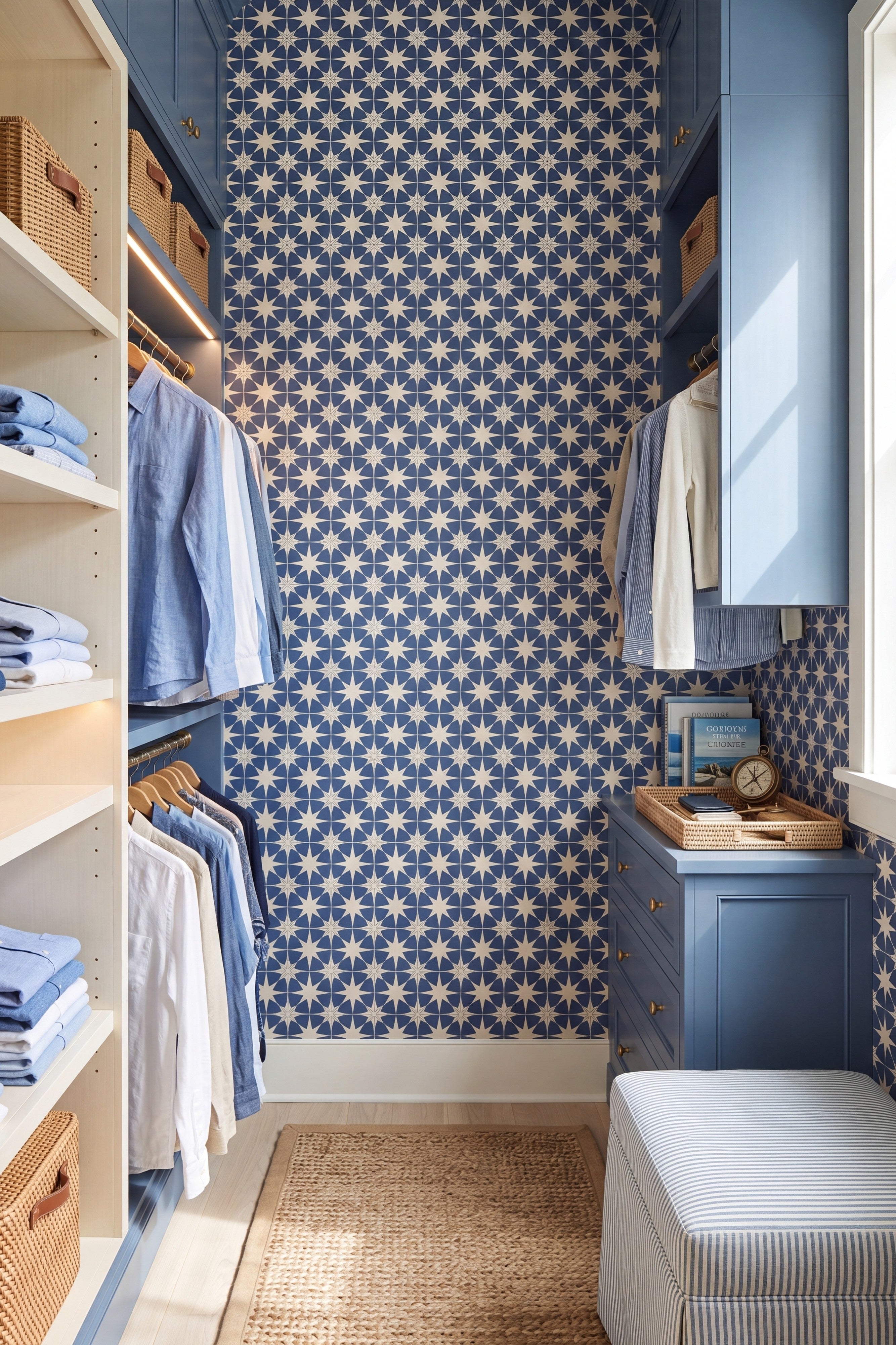 Starboard wallpaper shown in a walk-in closet
