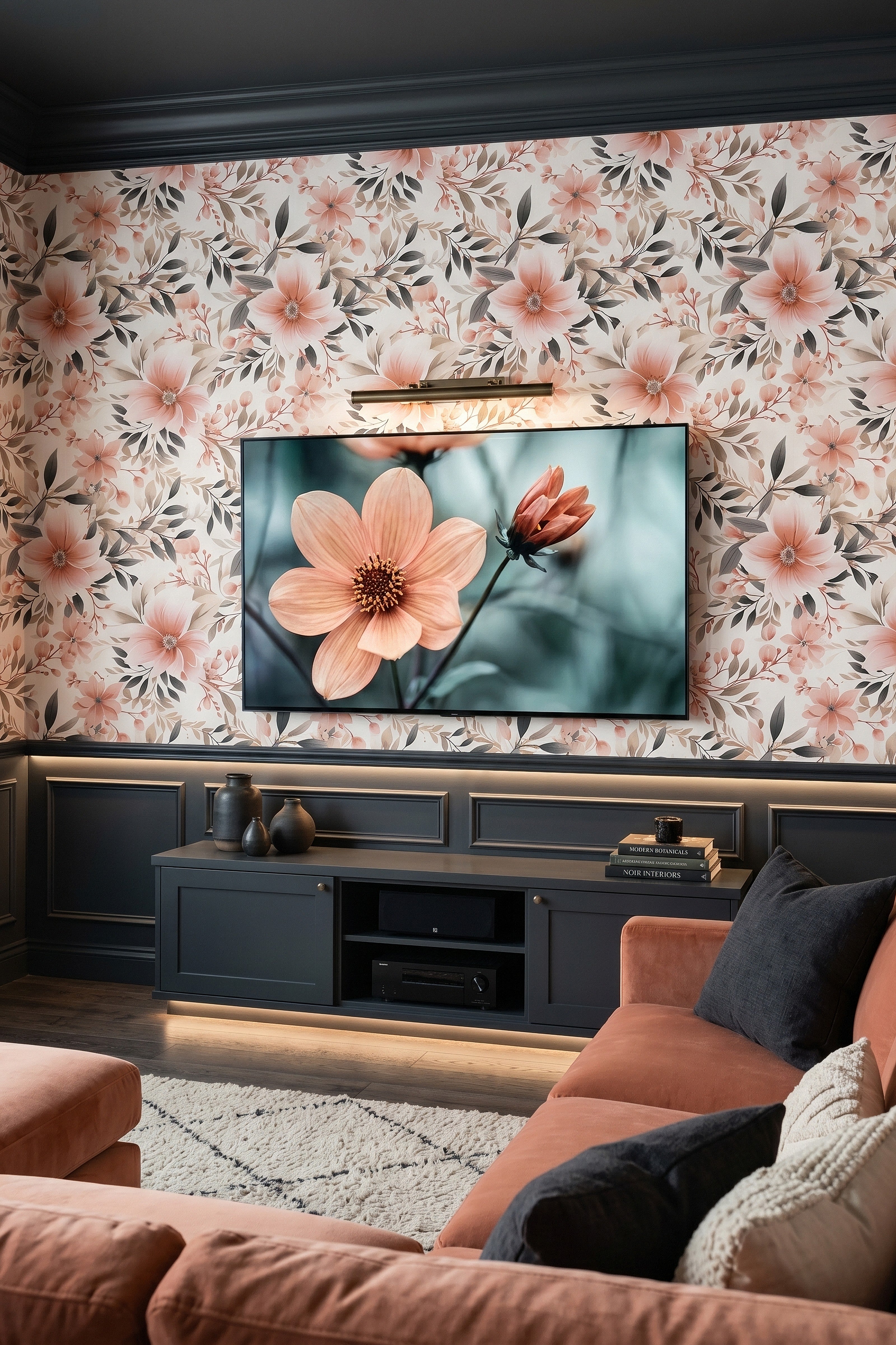 Blush Botanica wallpaper shown in a media room
