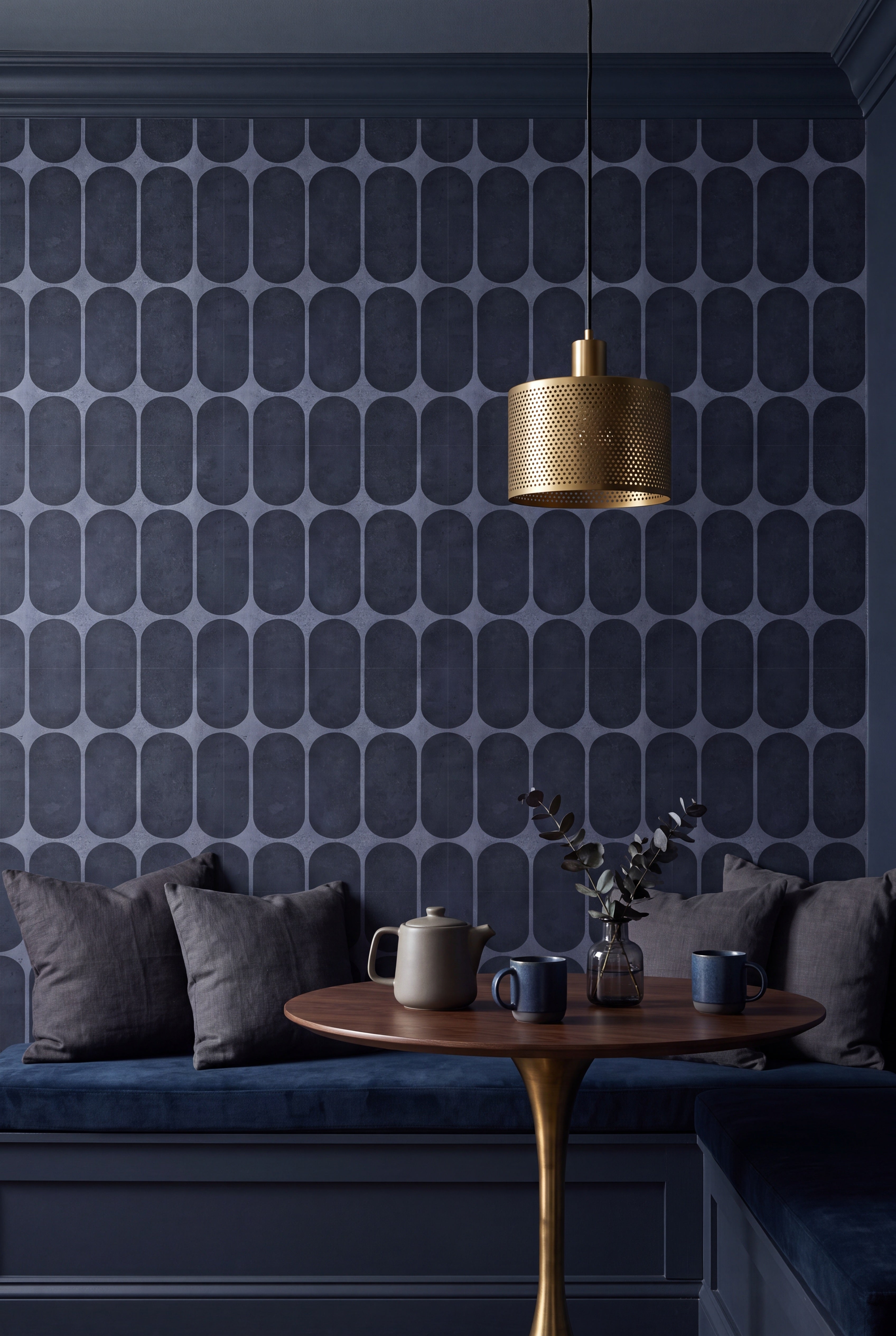 Navy Mod wallpaper shown in a cozy nook