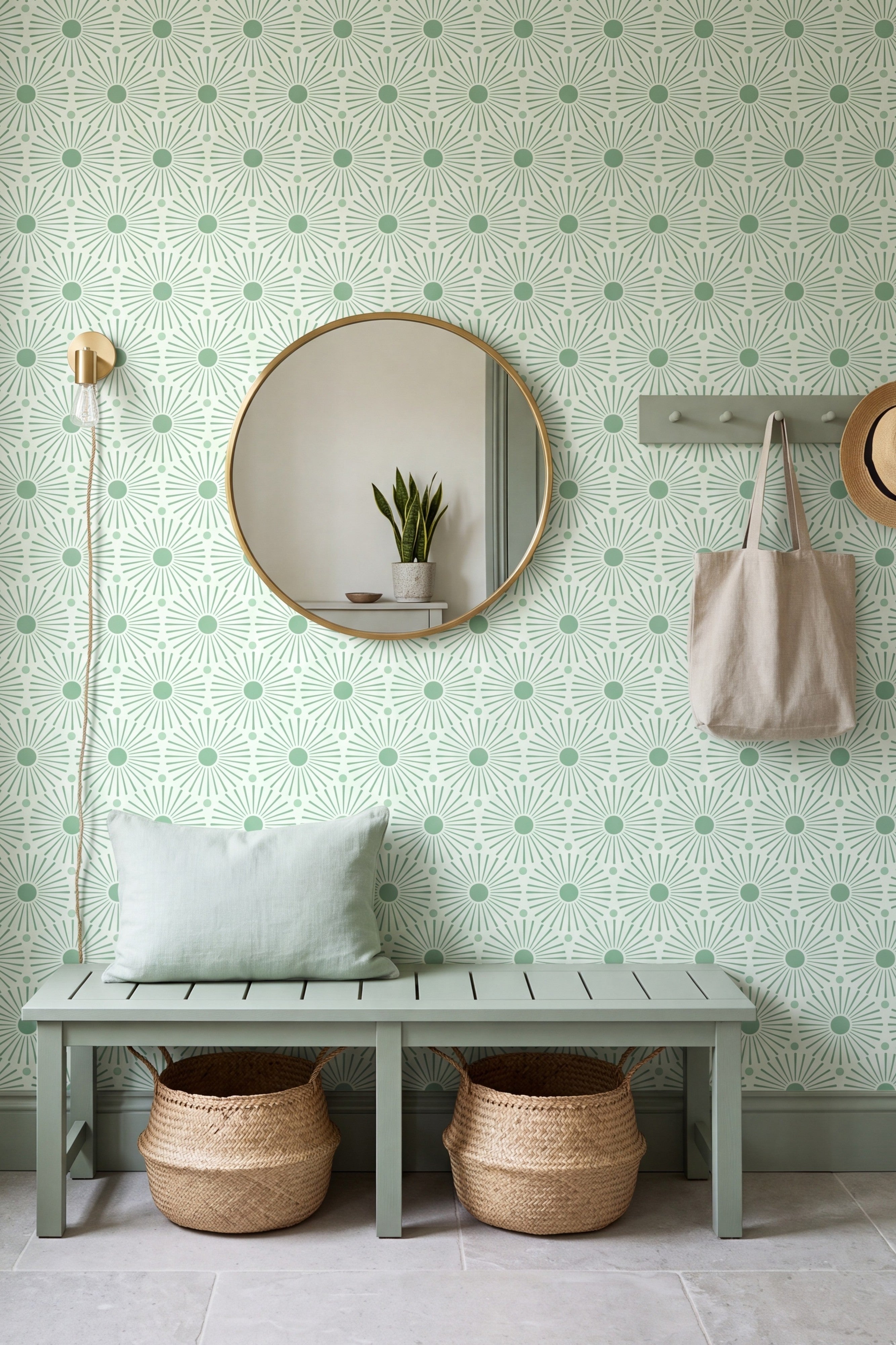 Mint Sunburst wallpaper shown on an accent wall