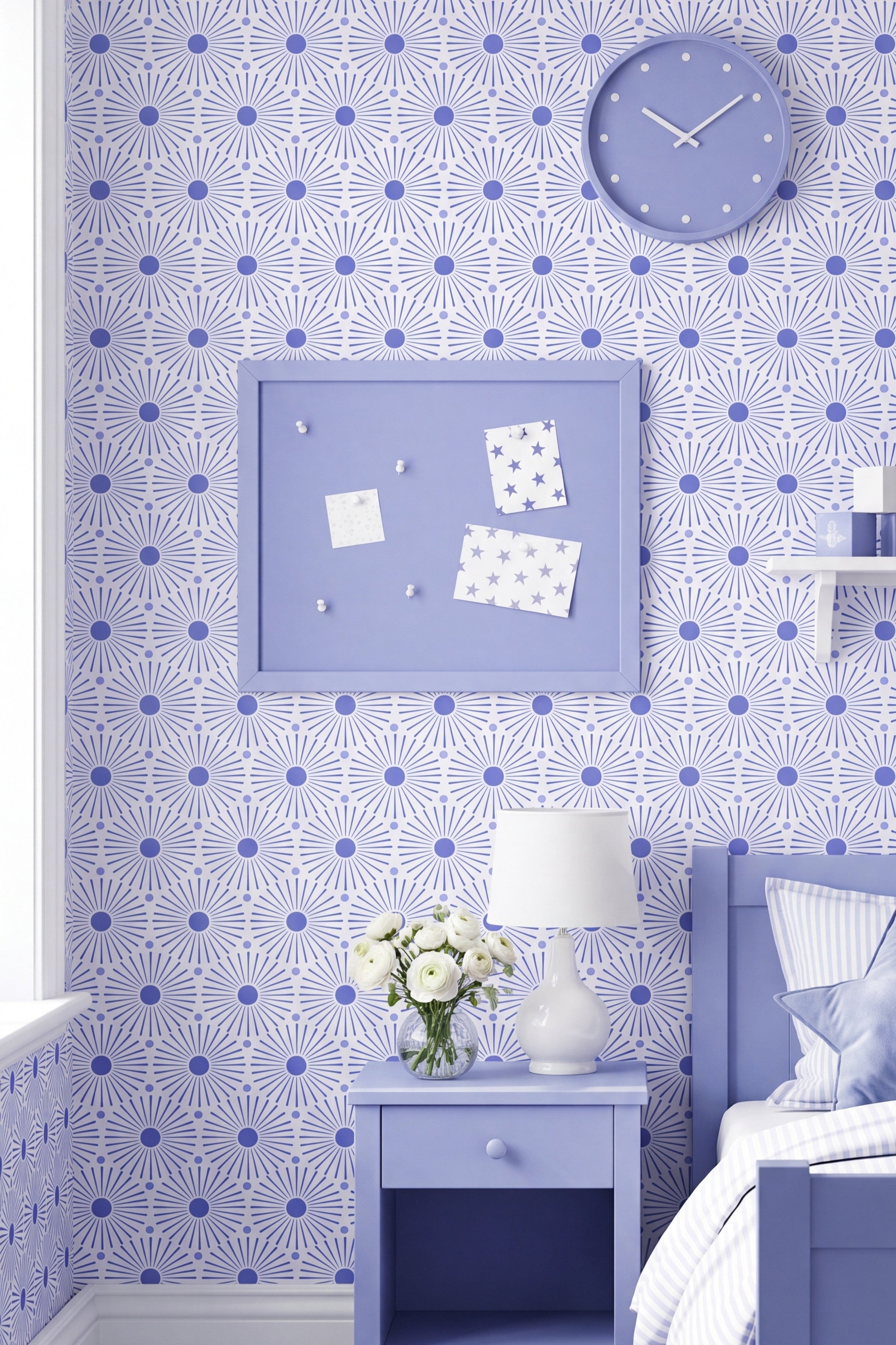 Periwinkle Play wallpaper shown in a kids' room