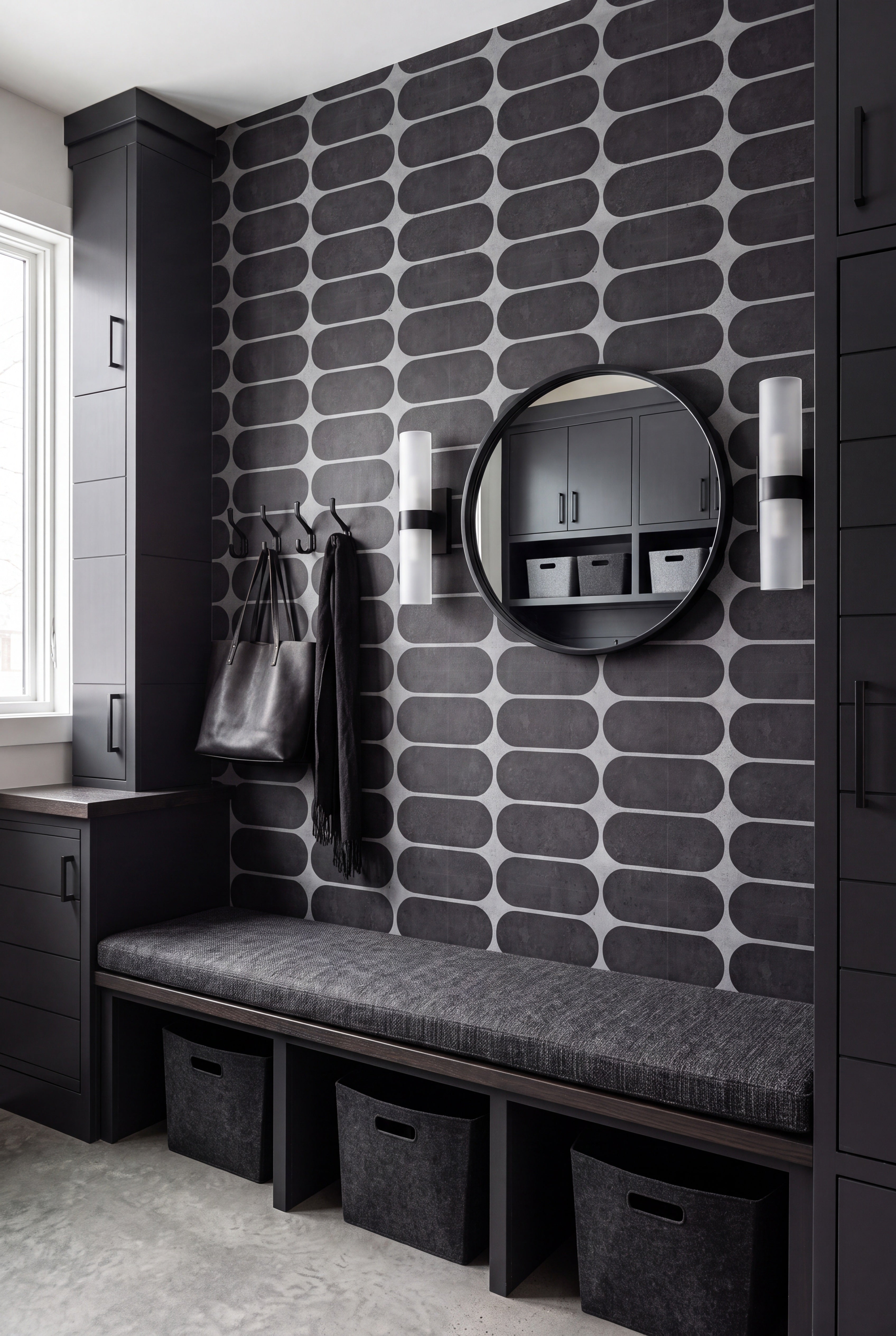 Deco Noir wallpaper shown in a mudroom