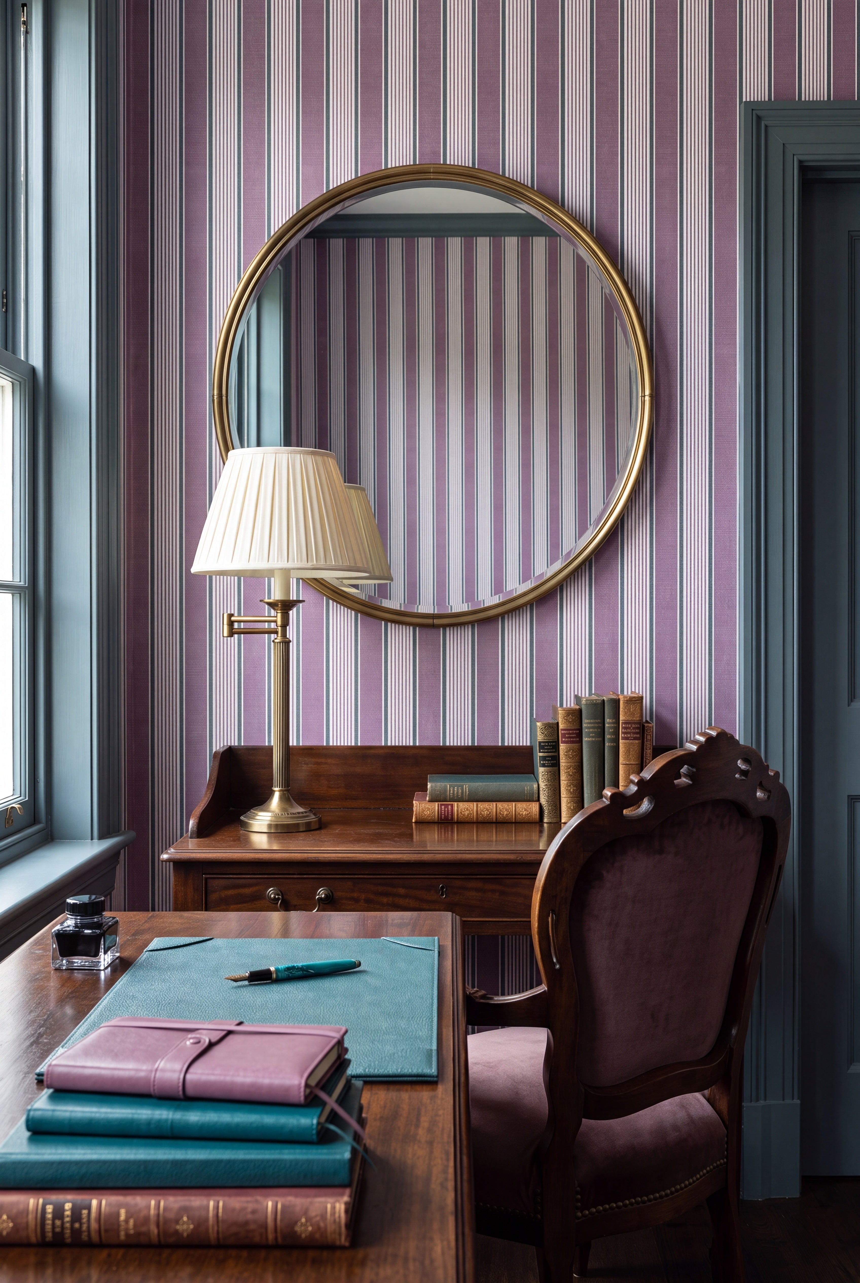 Thistle Stripe wallpaper shown in a home office