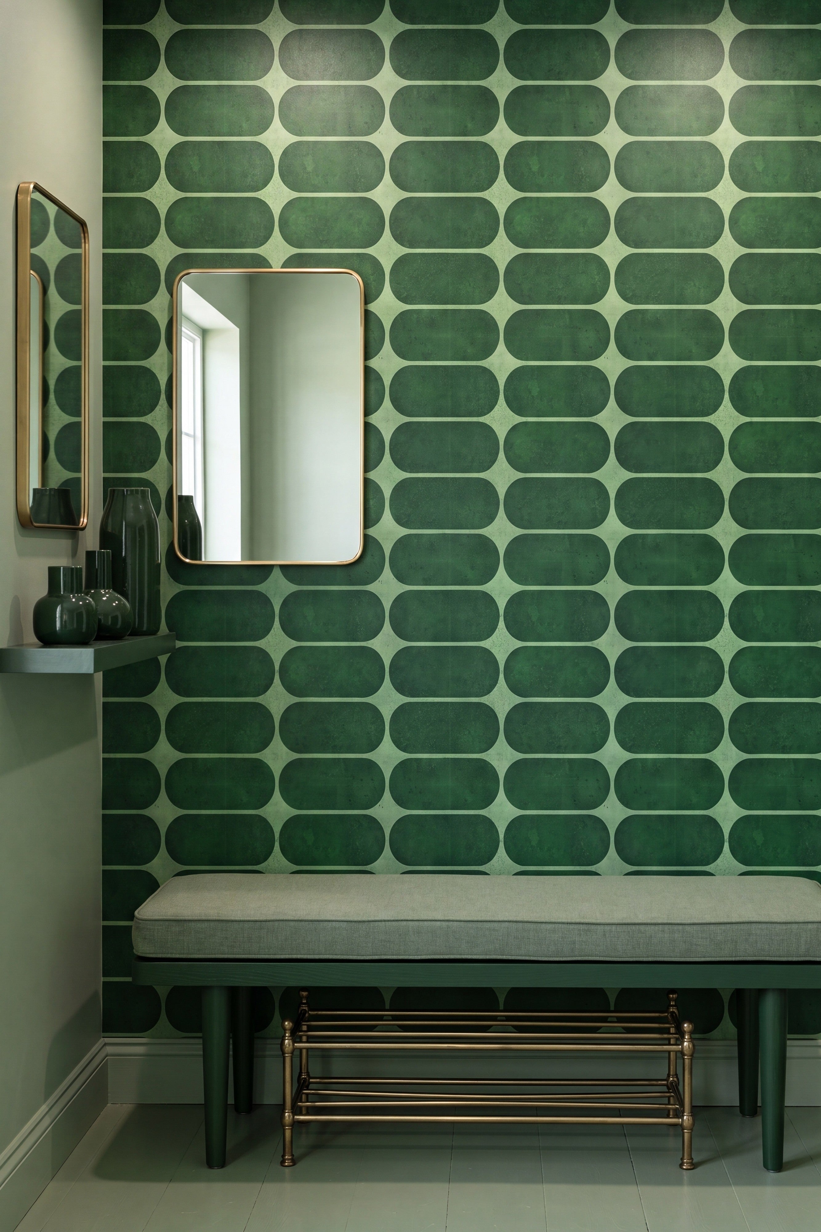 Emerald Deco wallpaper shown on an accent wall