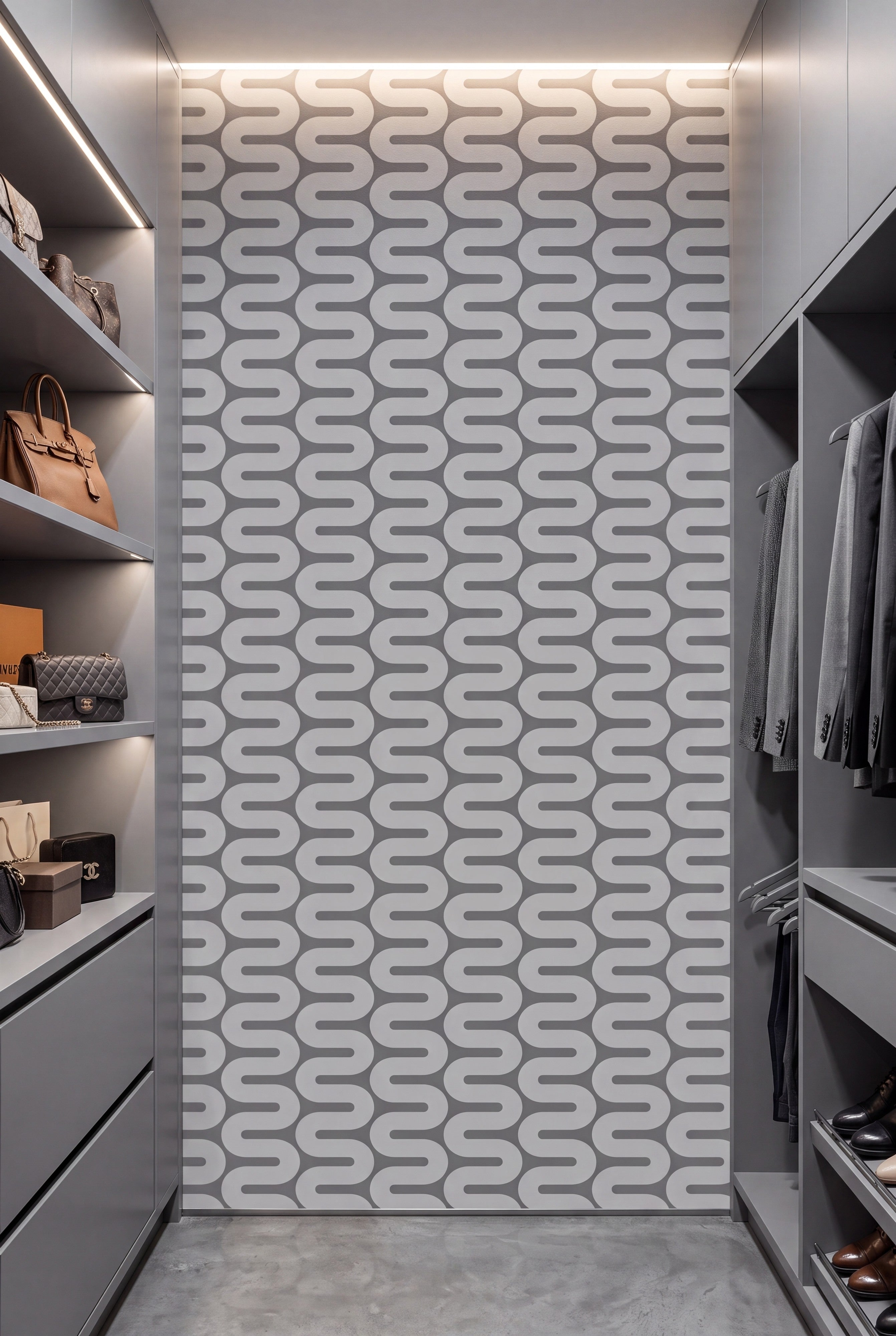 Charcoal Wave wallpaper shown in a walk-in closet