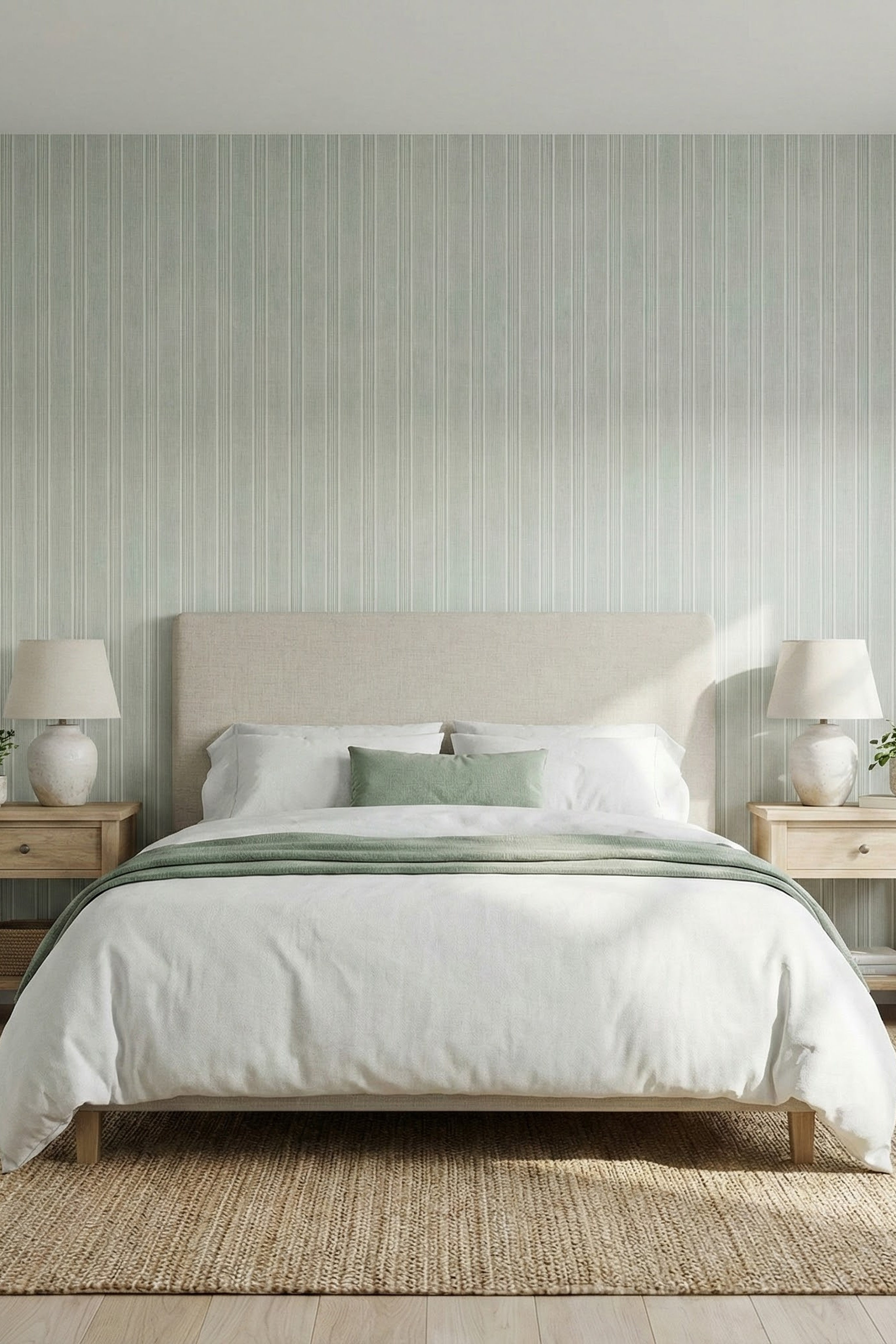 Sage Pinstripe wallpaper shown in a bedroom