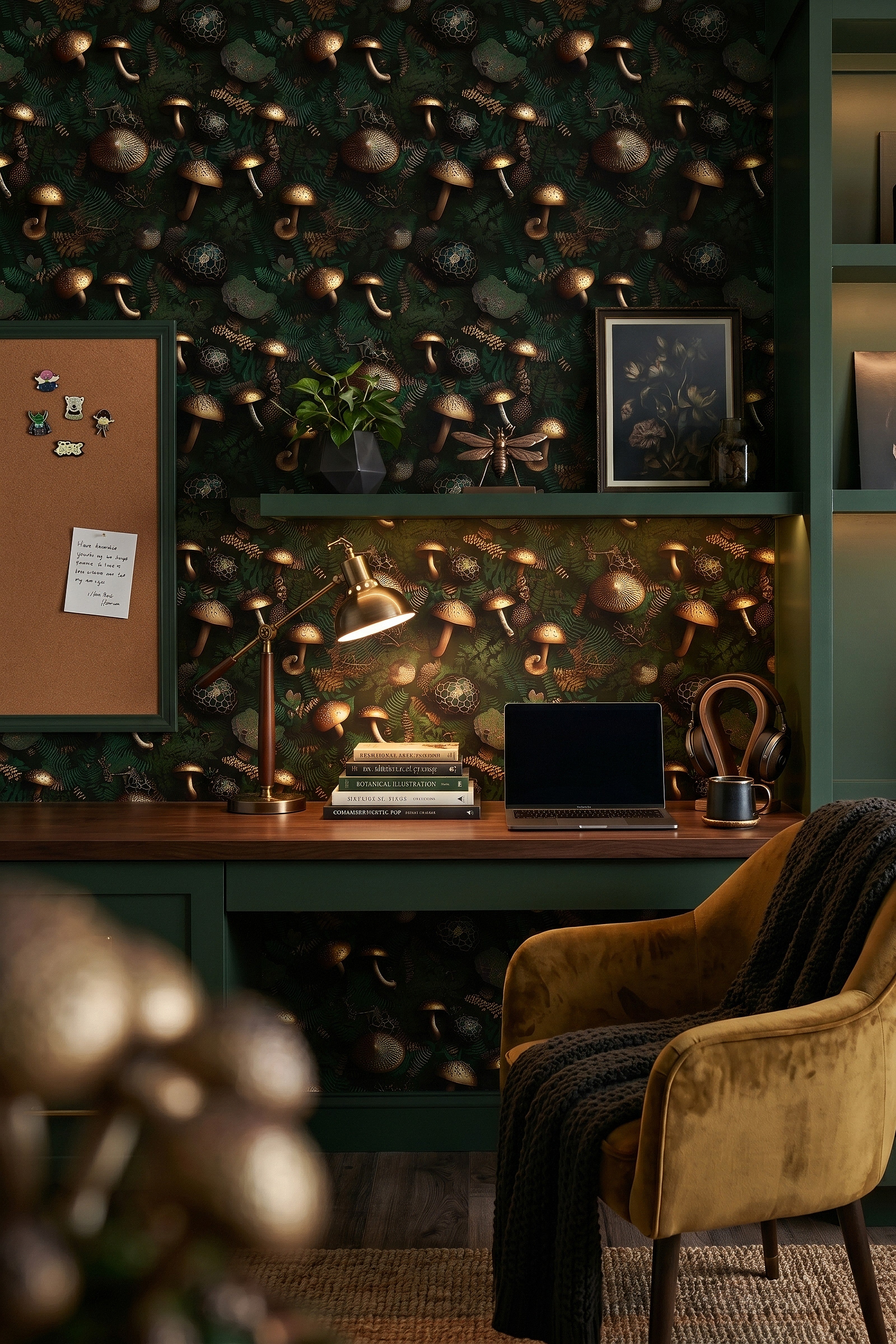 Gilded Grove wallpaper shown in a home office