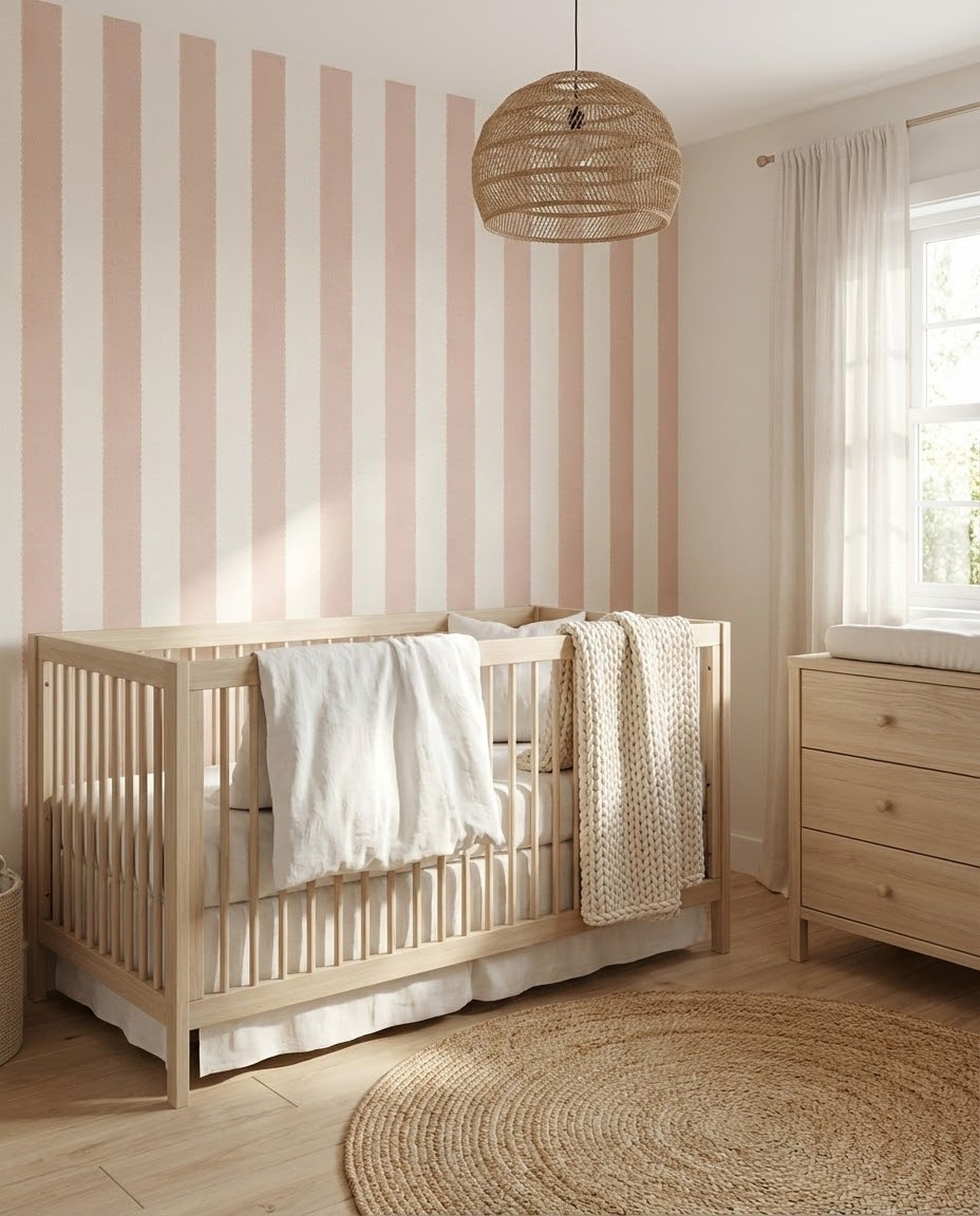 Blush Scallop wallpaper shown in a nursery