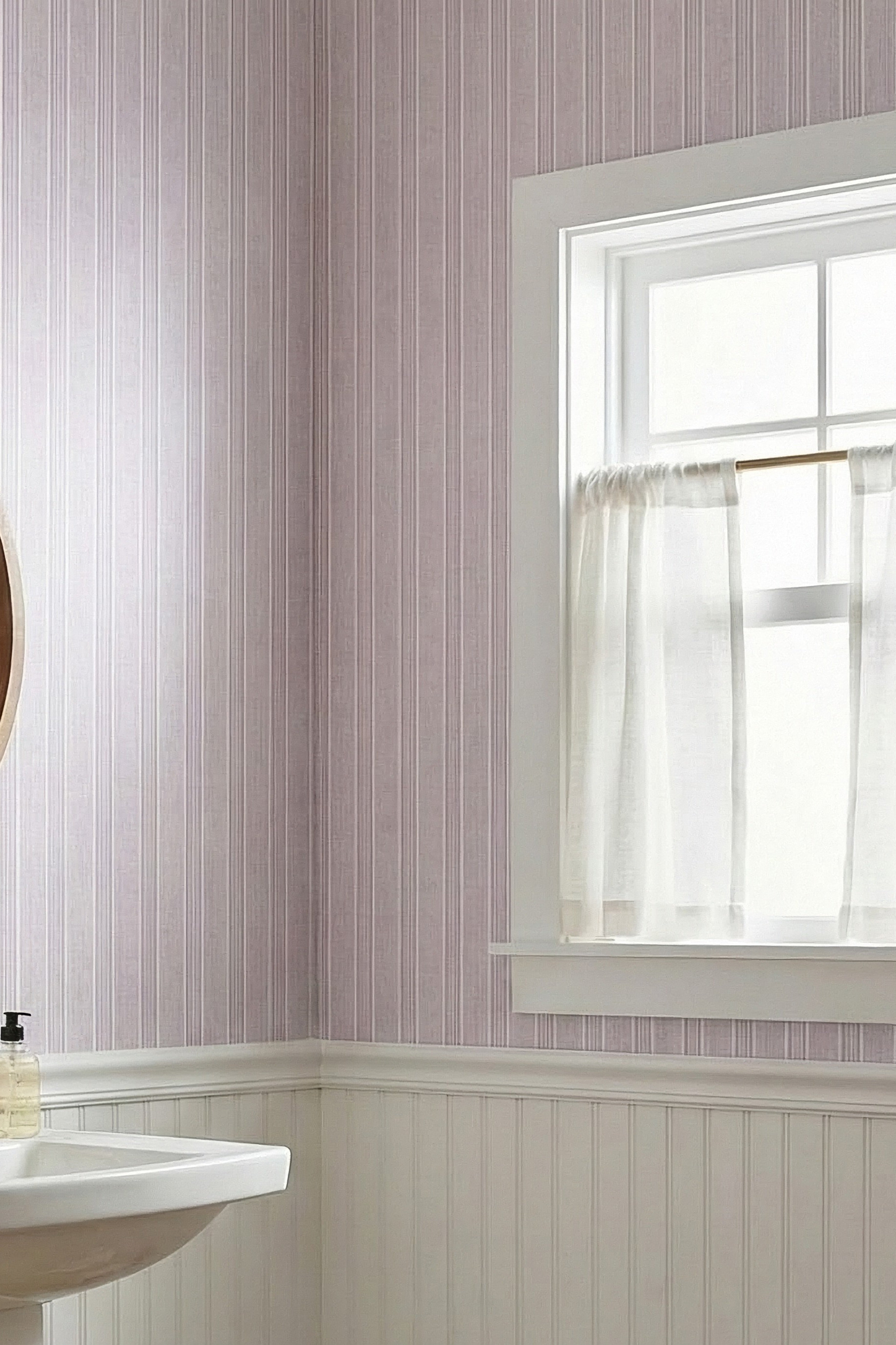 Lavender Pinstripe wallpaper shown in a powder room