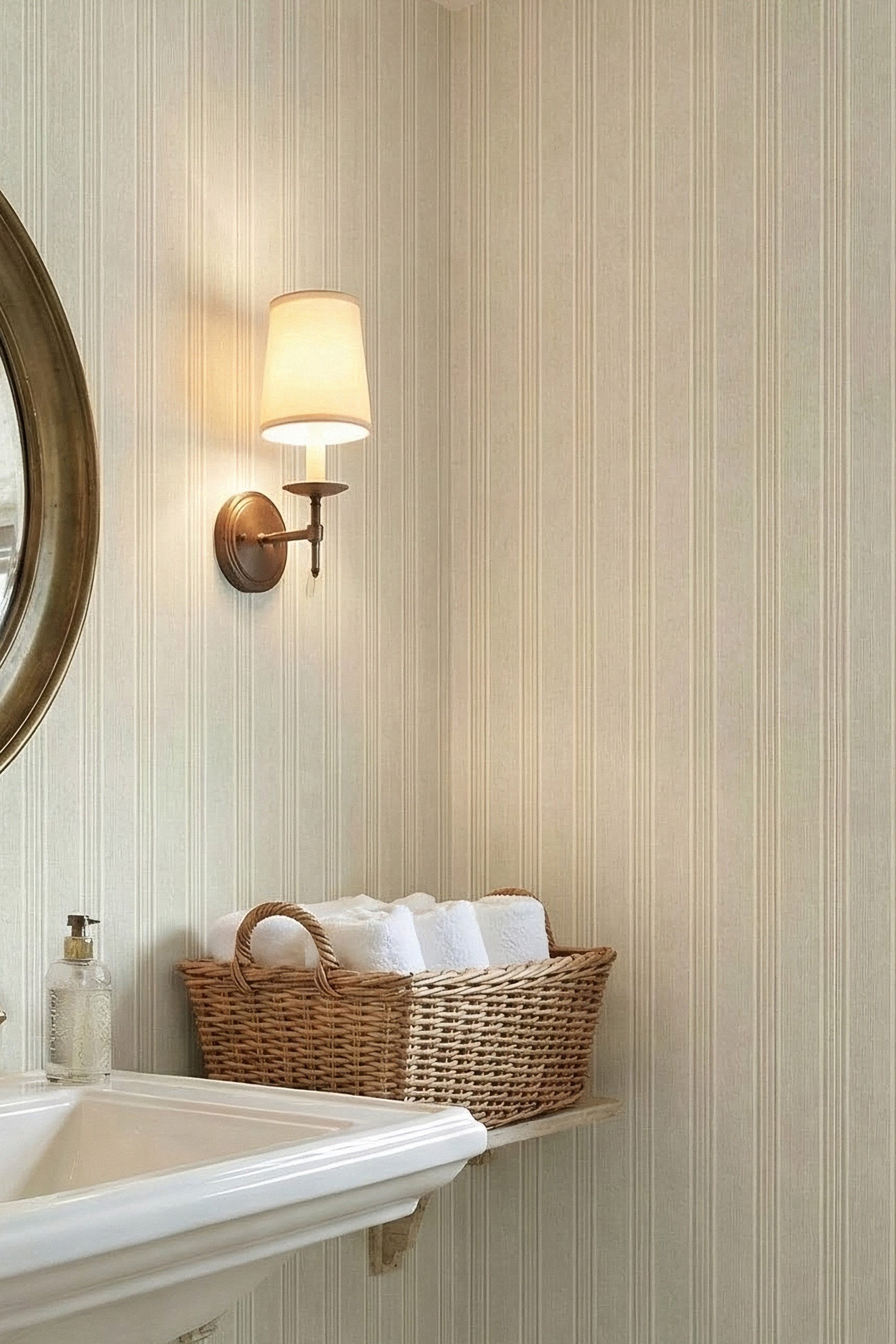 Ticking Stripe wallpaper shown in a powder room