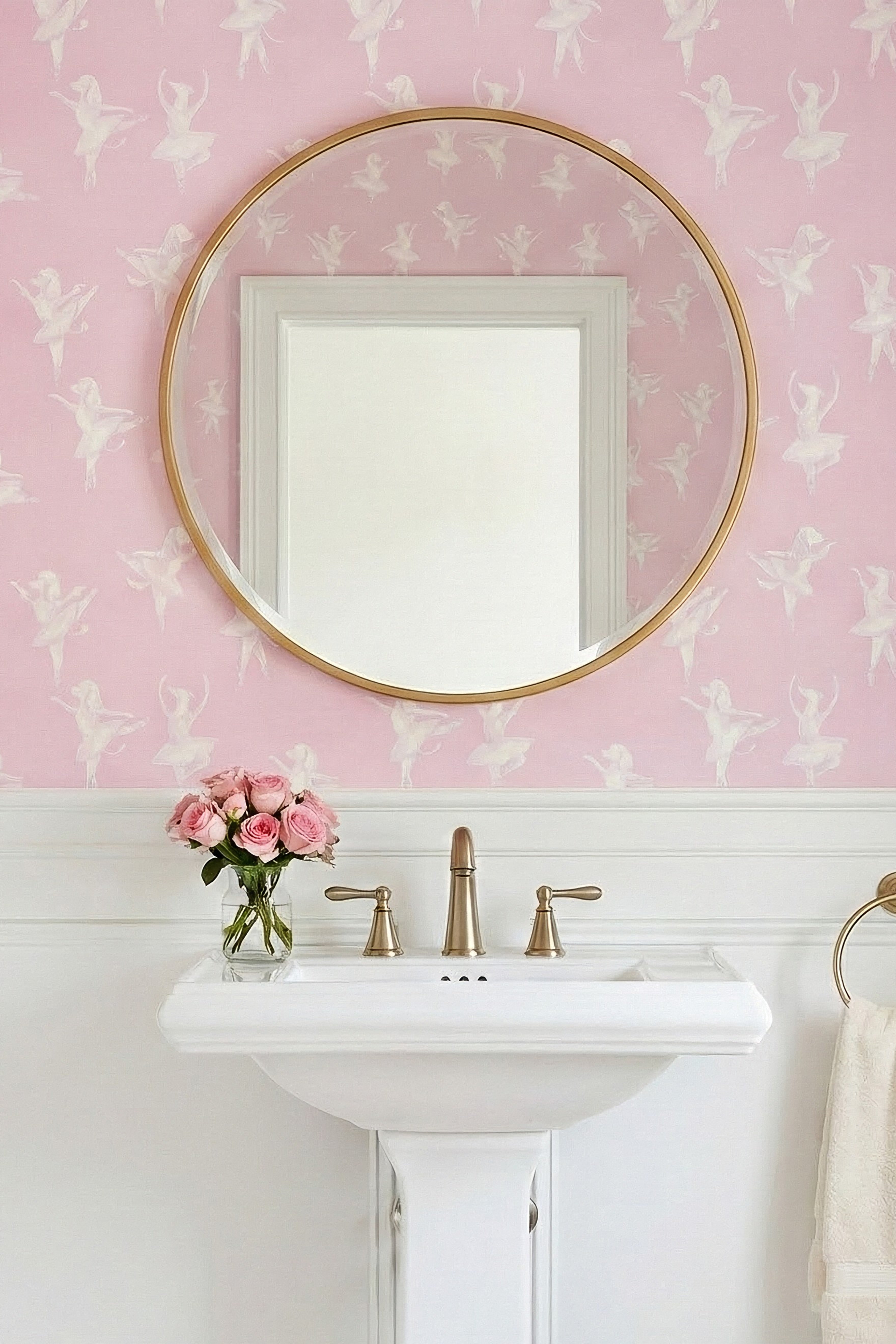 Tutu Pup wallpaper shown in a powder room