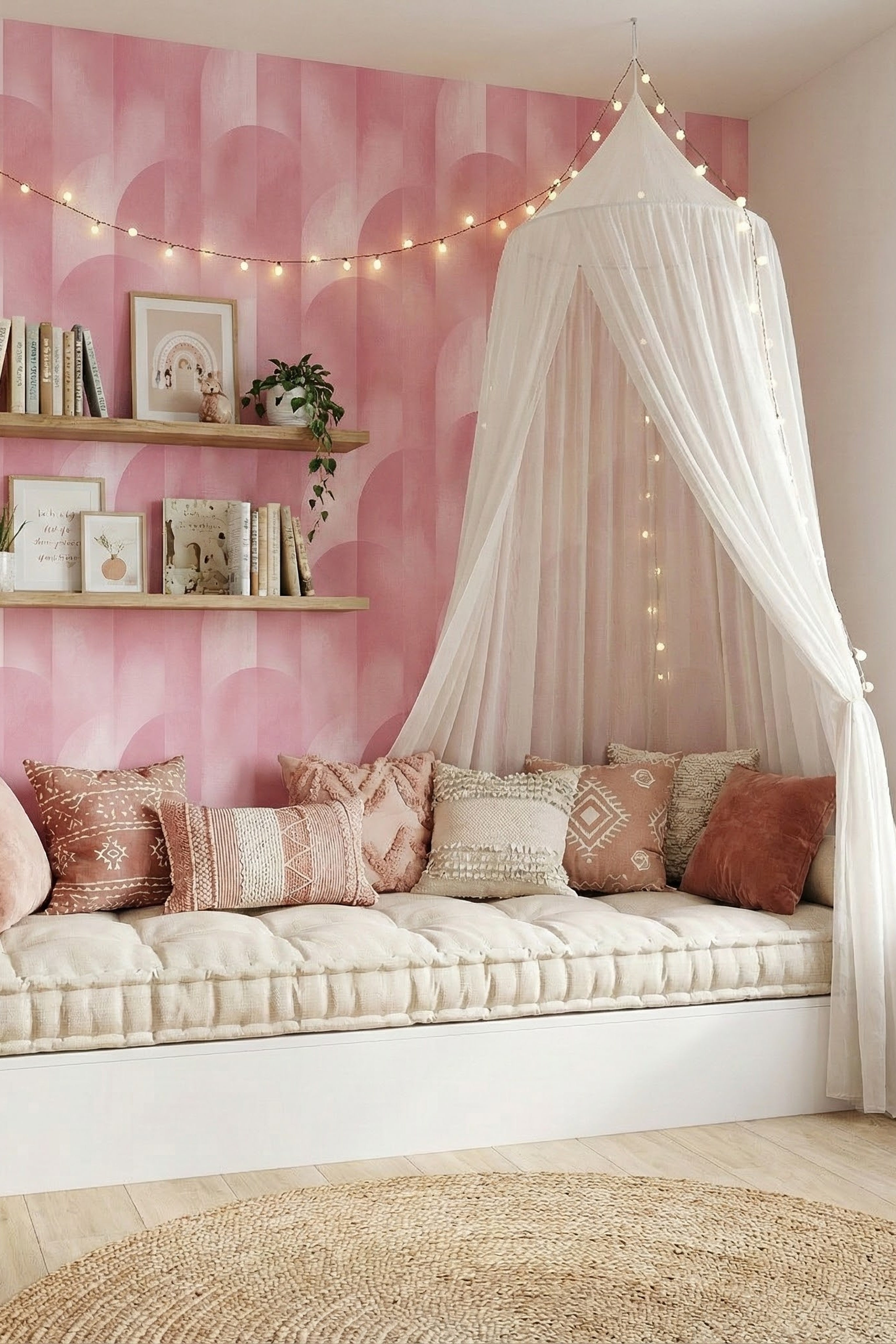 Blush Arcade wallpaper shown in a cozy nook