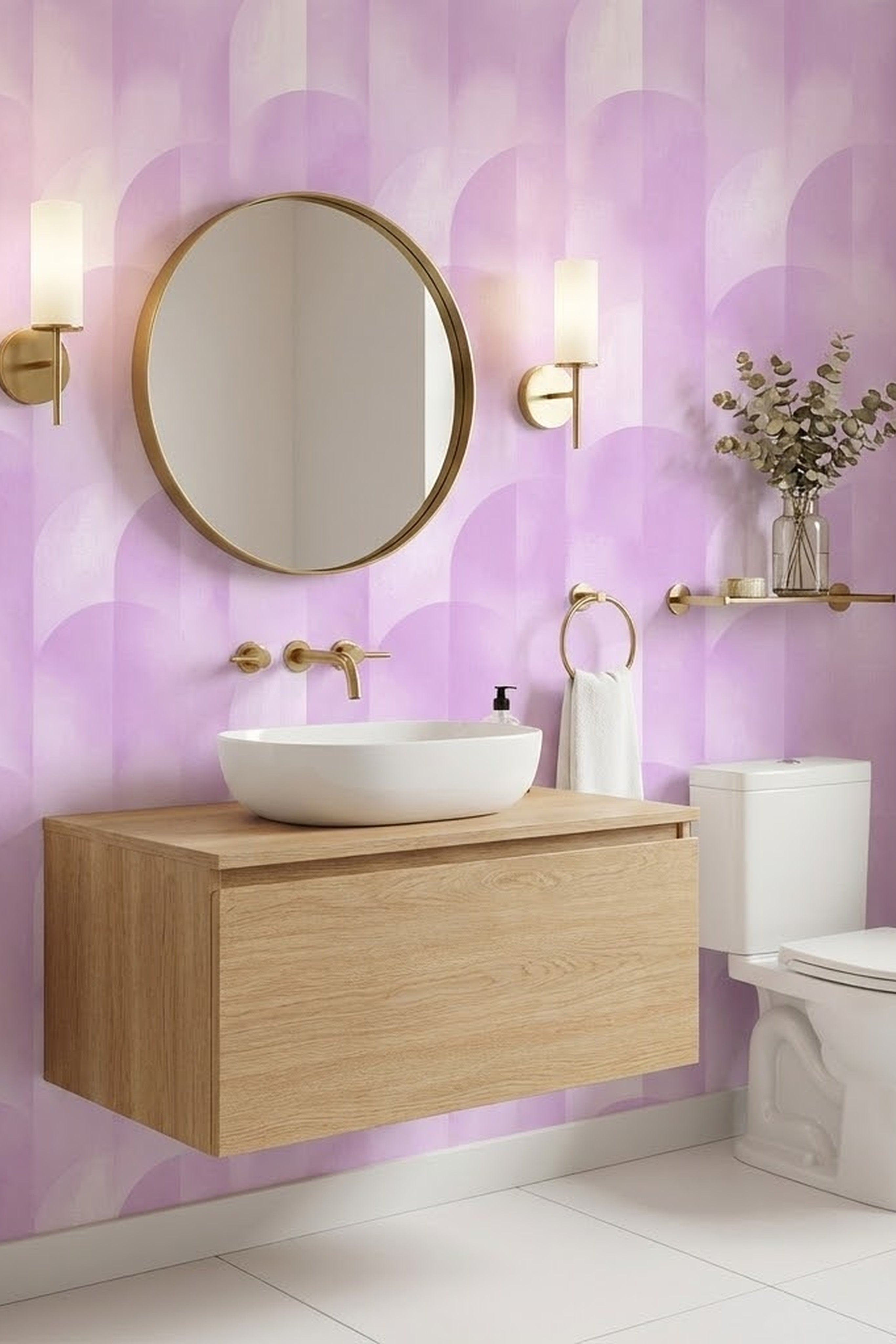 Lilac Arcade wallpaper shown in a powder room