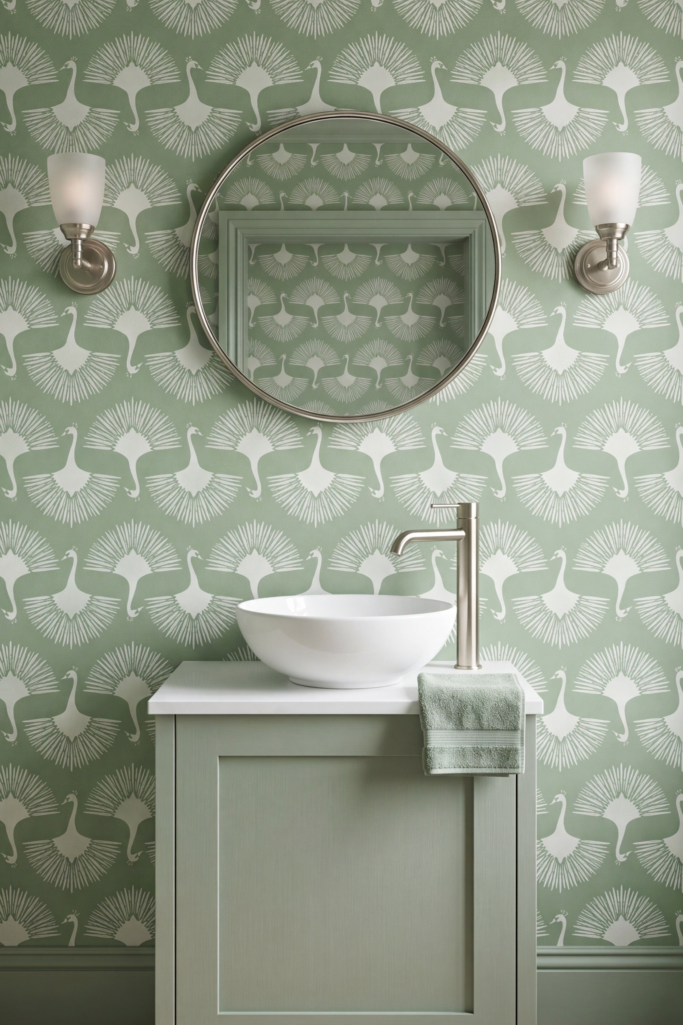 Sage Plume wallpaper shown in a powder room