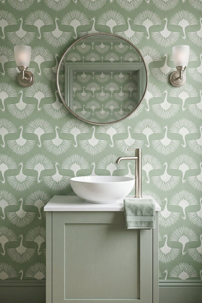 Sage Plume wallpaper shown in a powder room