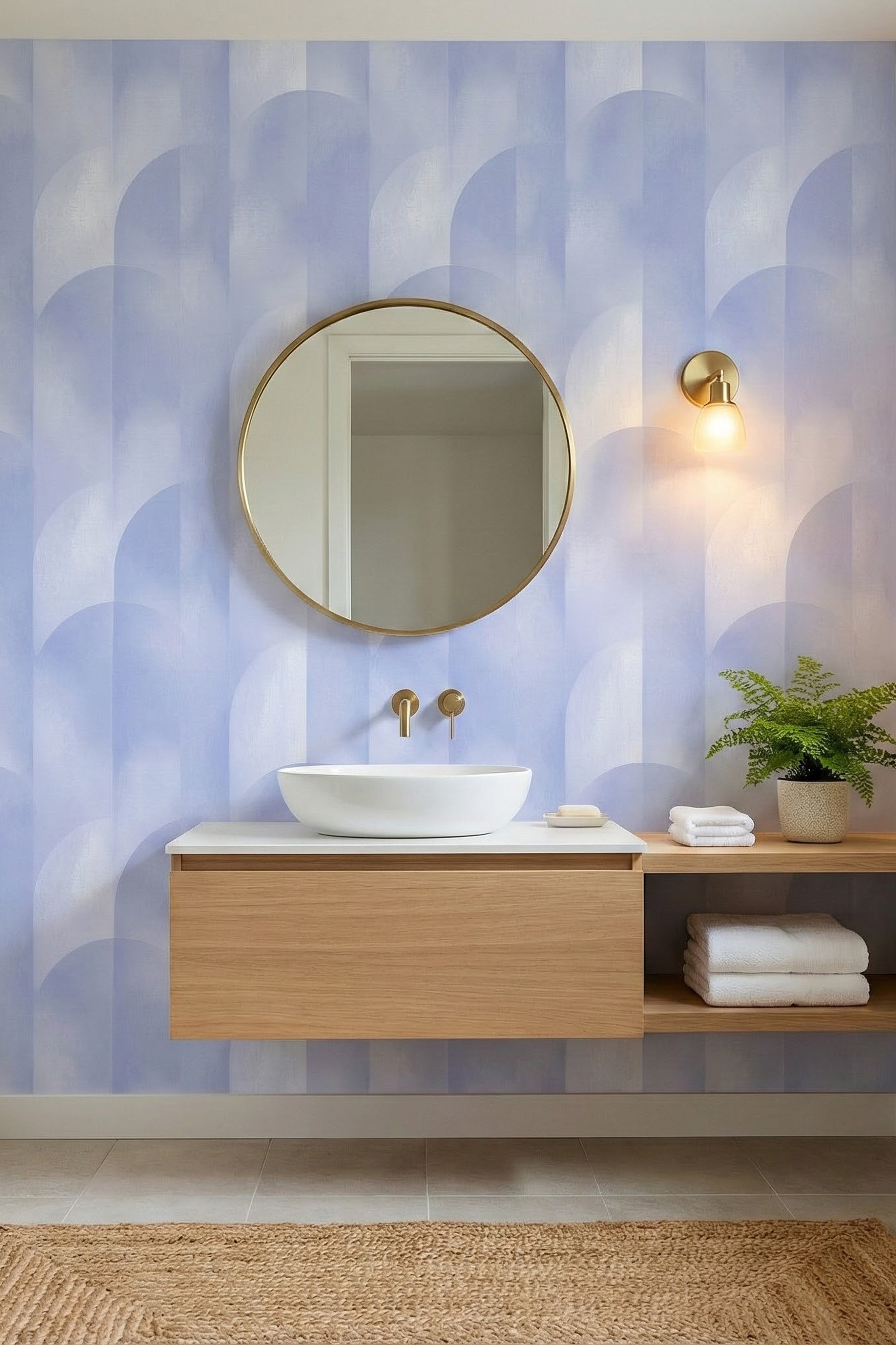 Periwinkle Arcade wallpaper shown in a powder room