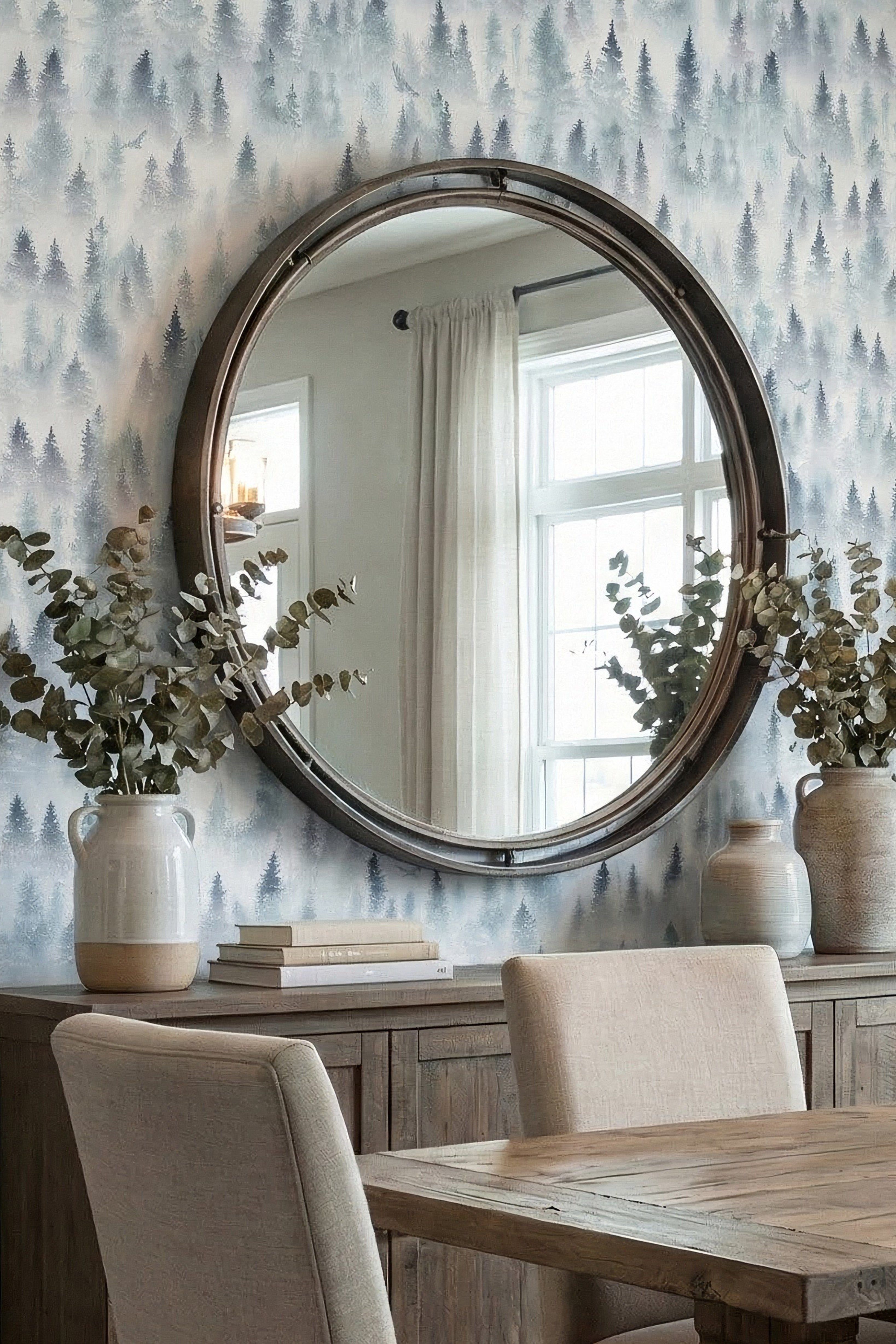 Nordic Mist wallpaper shown in a dining room
