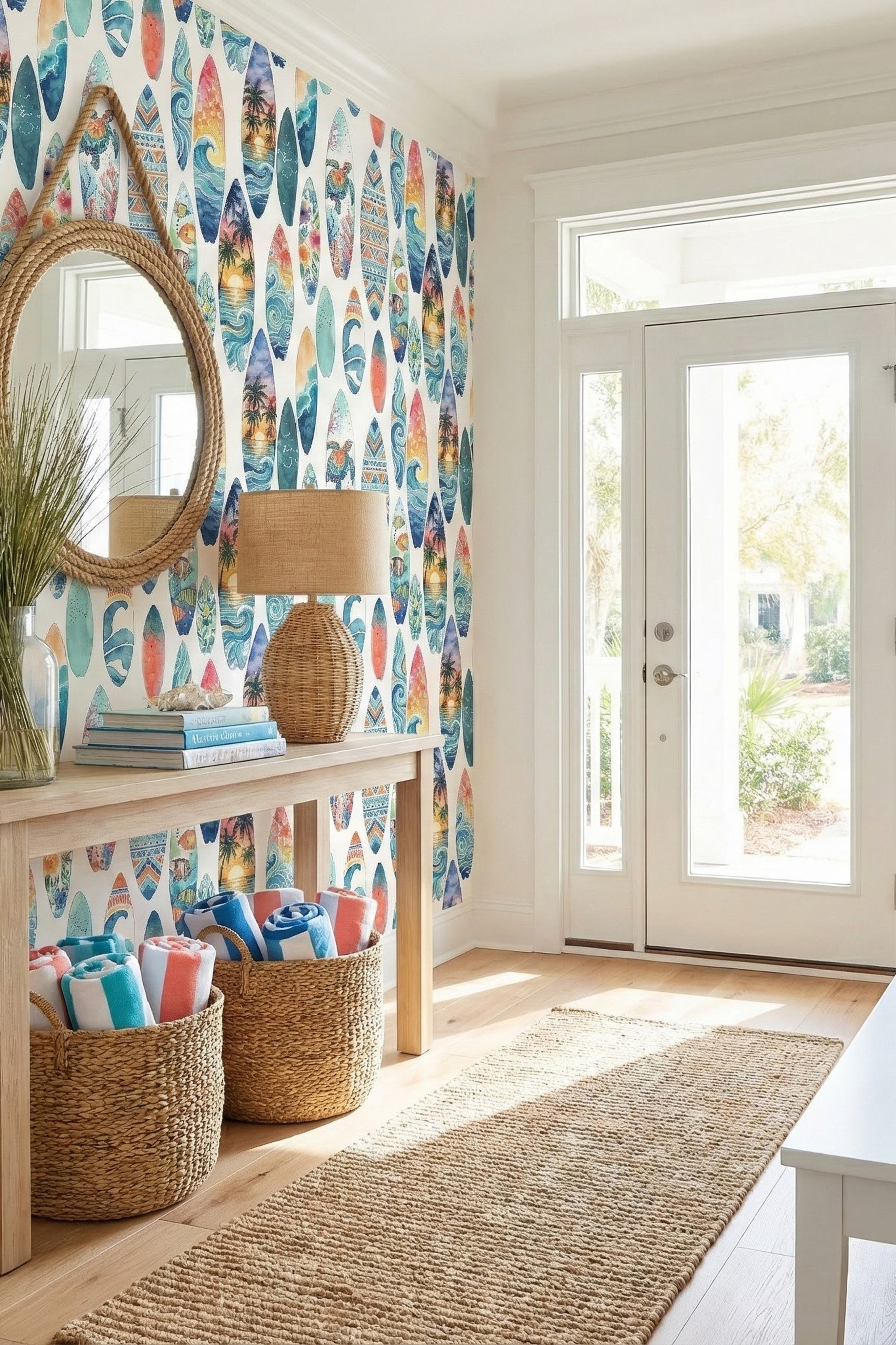 Surf's Up wallpaper shown in an entryway