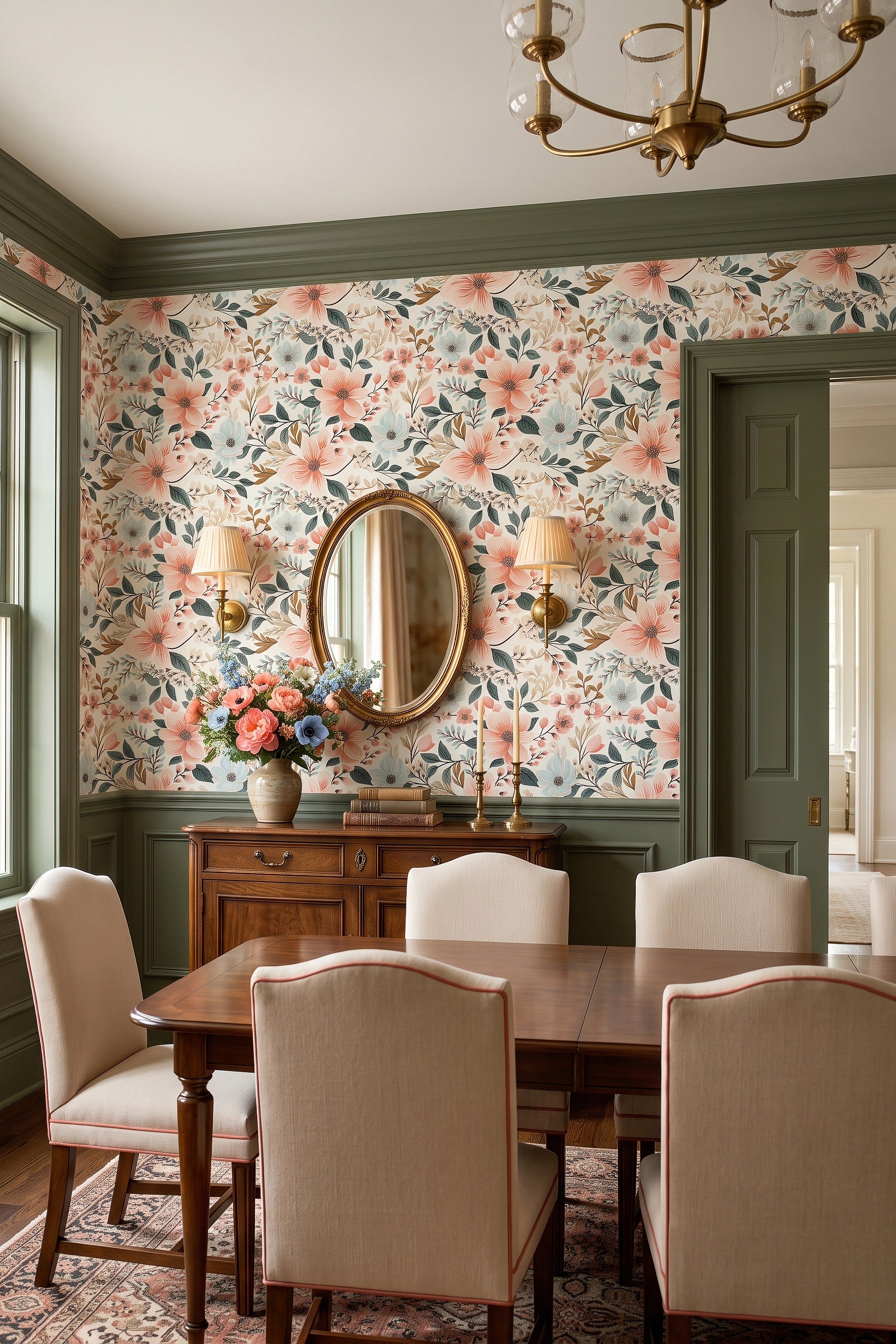 Peach Orchard wallpaper shown in a dining room