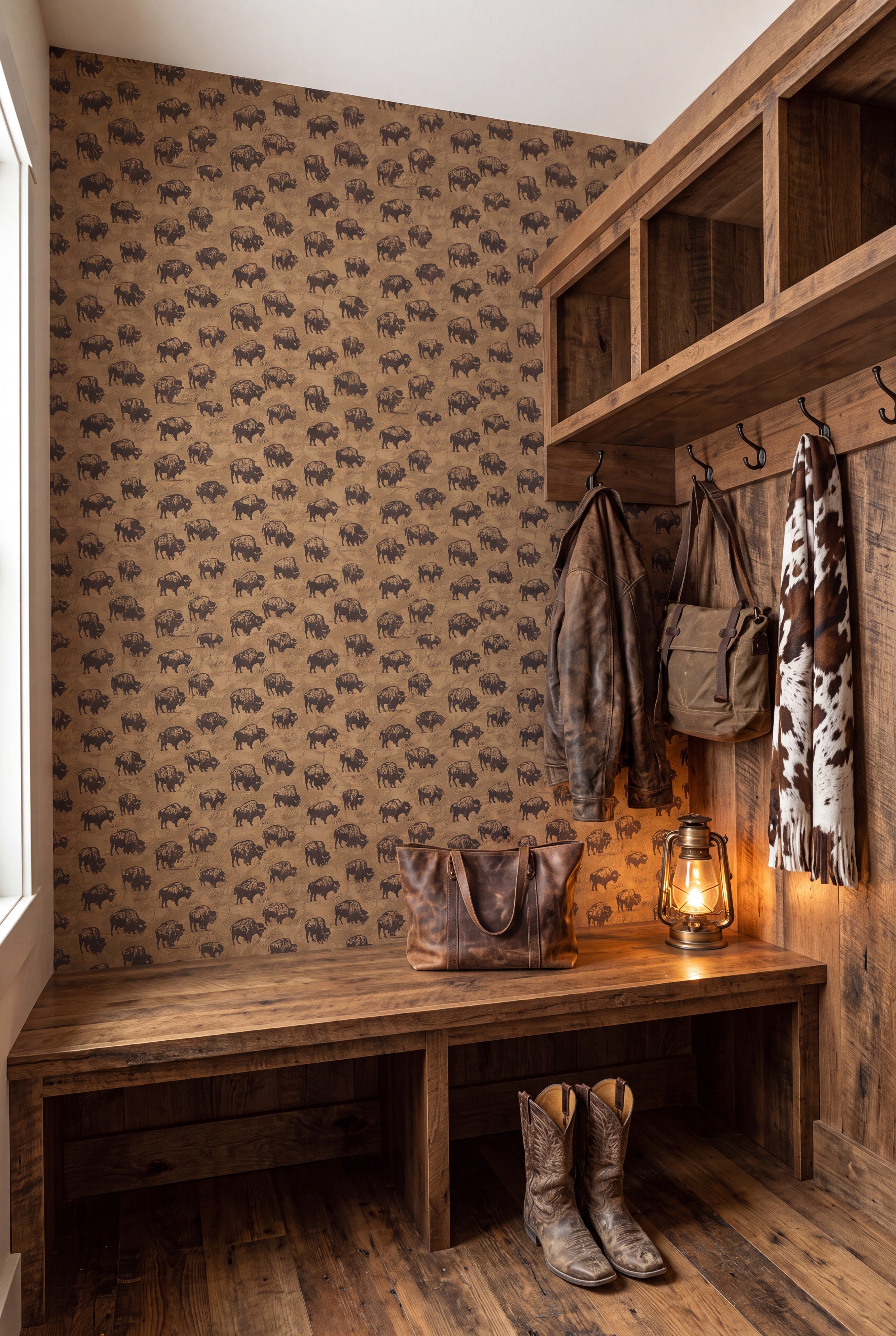 Shady Buffalo wallpaper shown in a mudroom