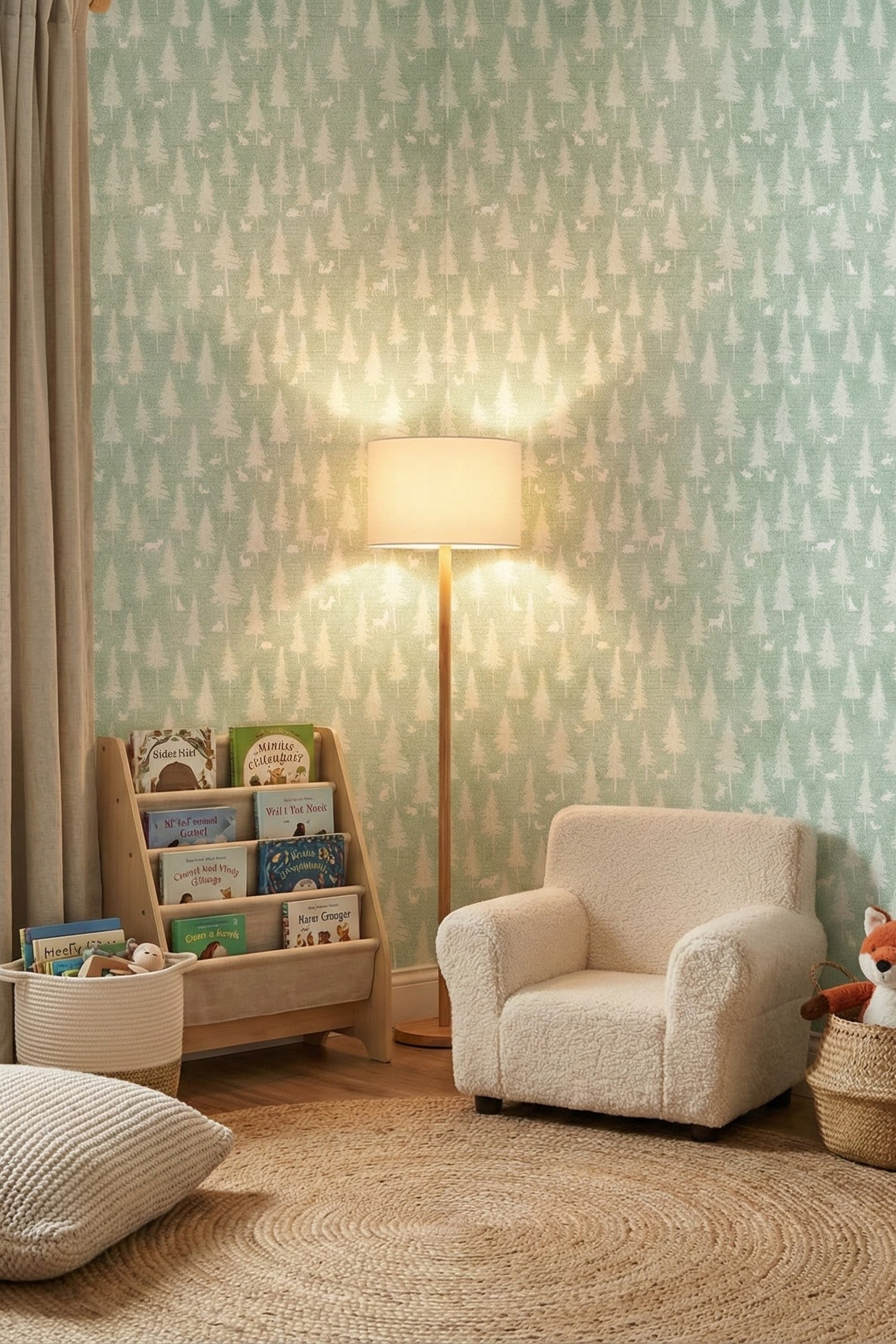 Sage Woodland wallpaper shown in a playroom