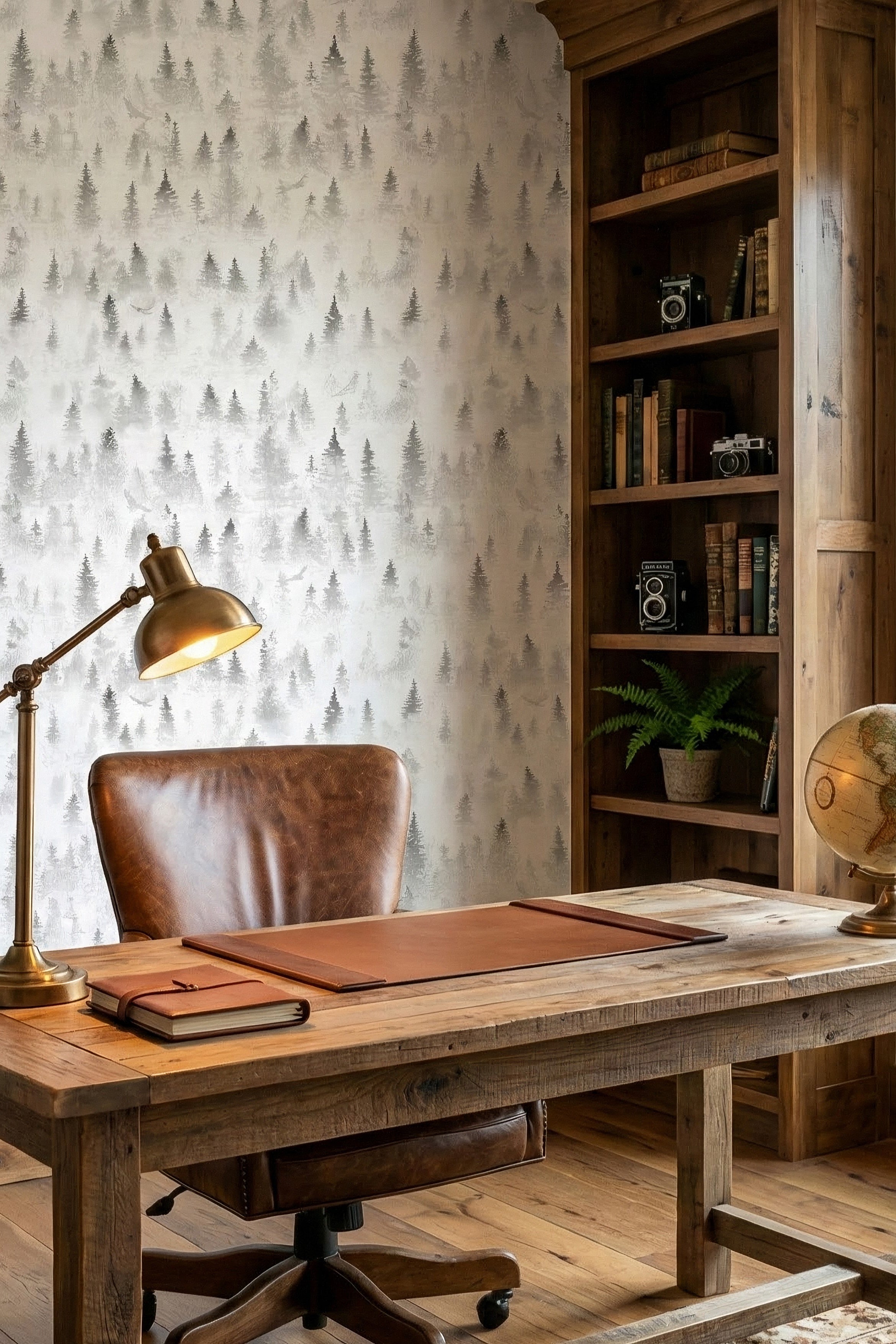 Pine Mist wallpaper shown in a home office