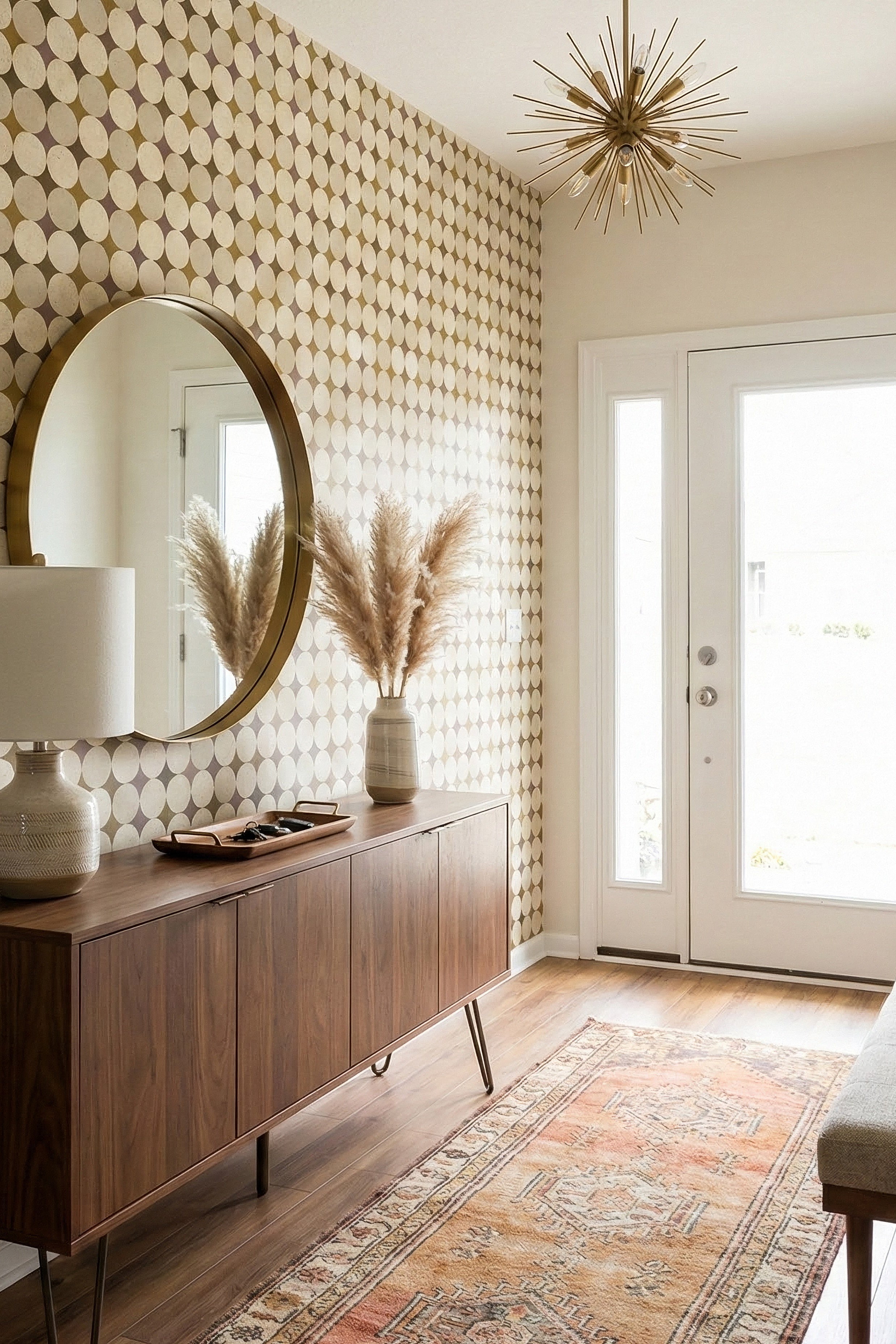 Olive Orbit wallpaper shown in an entryway