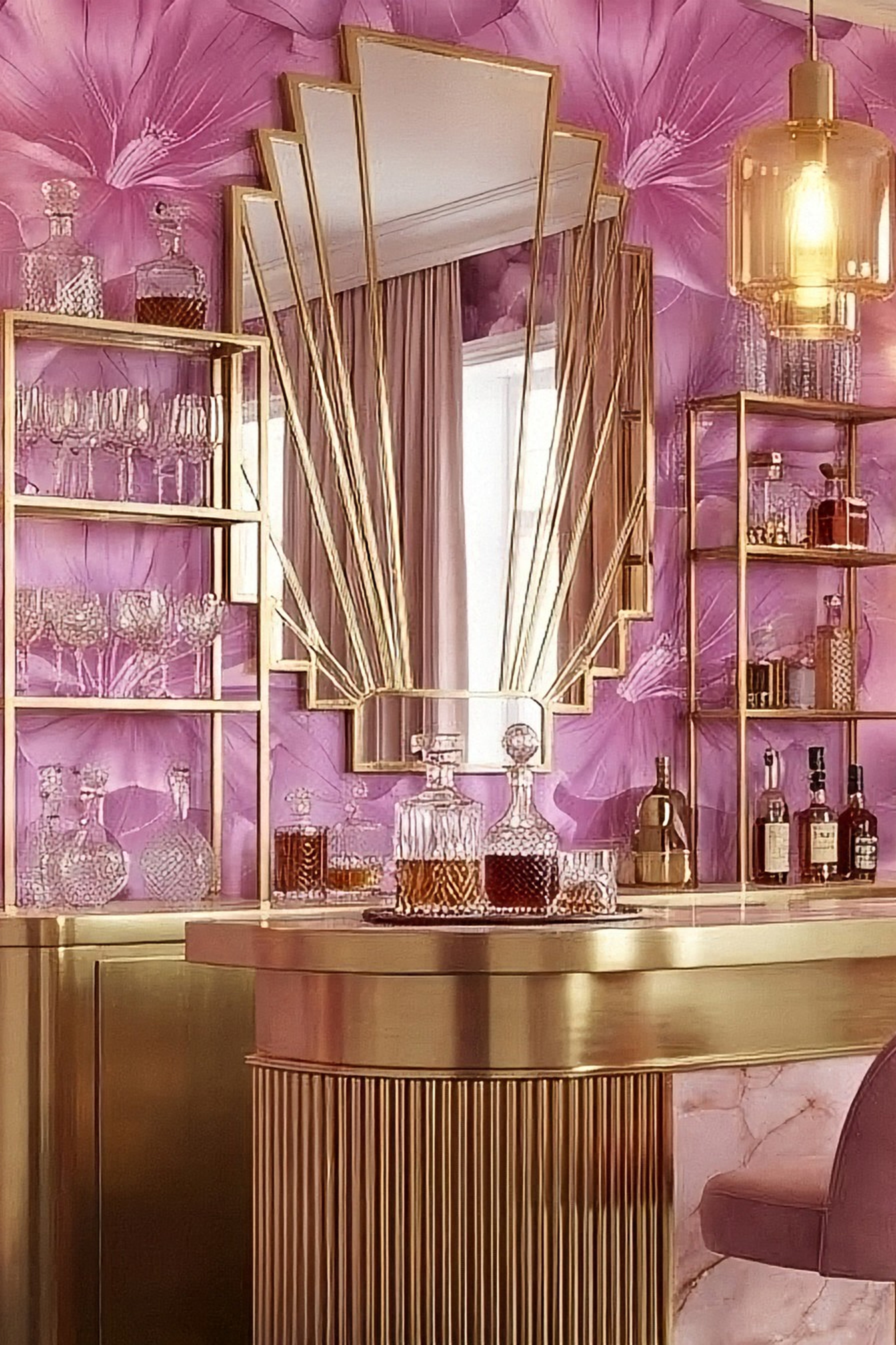 Rose Marquee wallpaper shown in a home bar