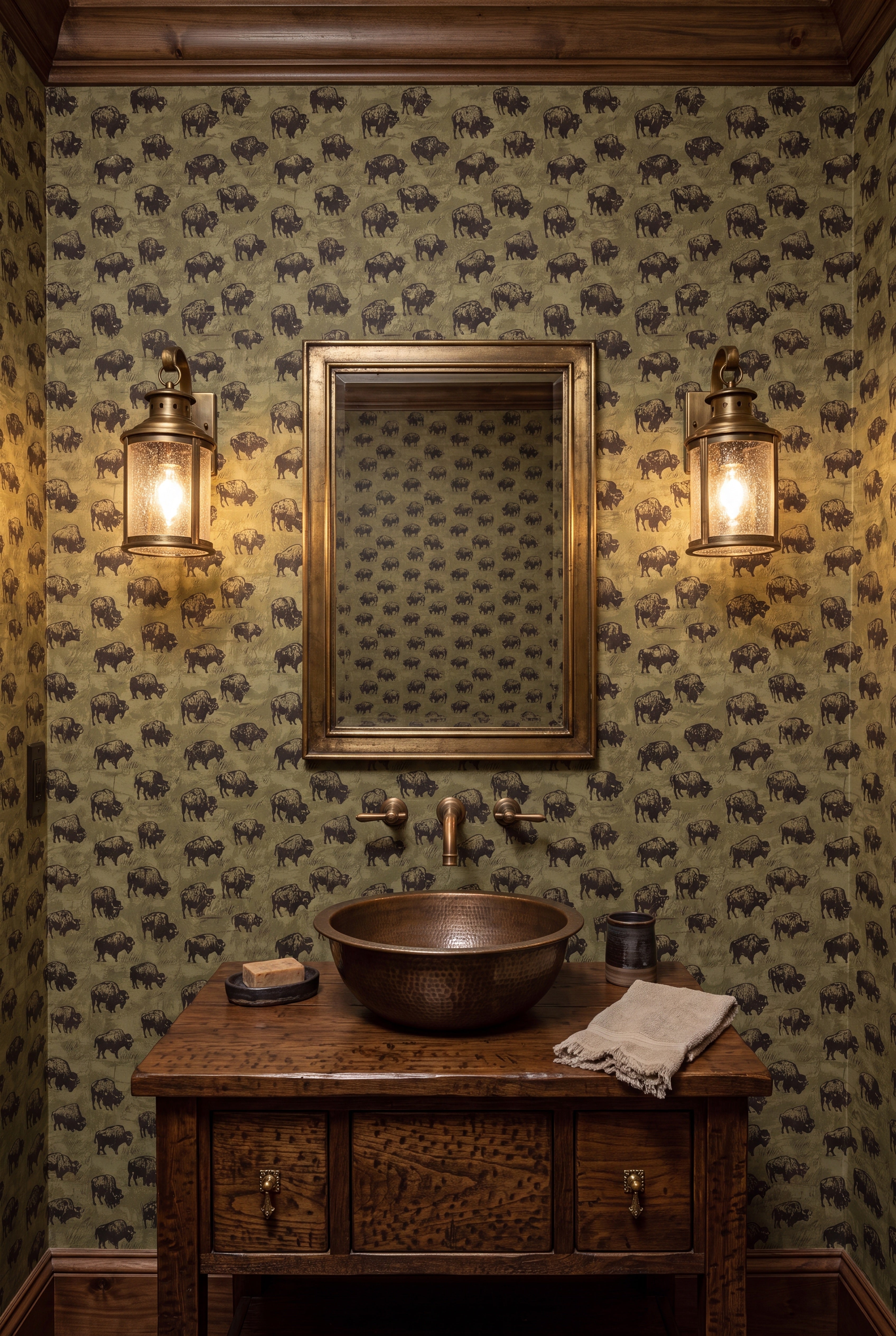 Prairie Cool wallpaper shown in a powder room