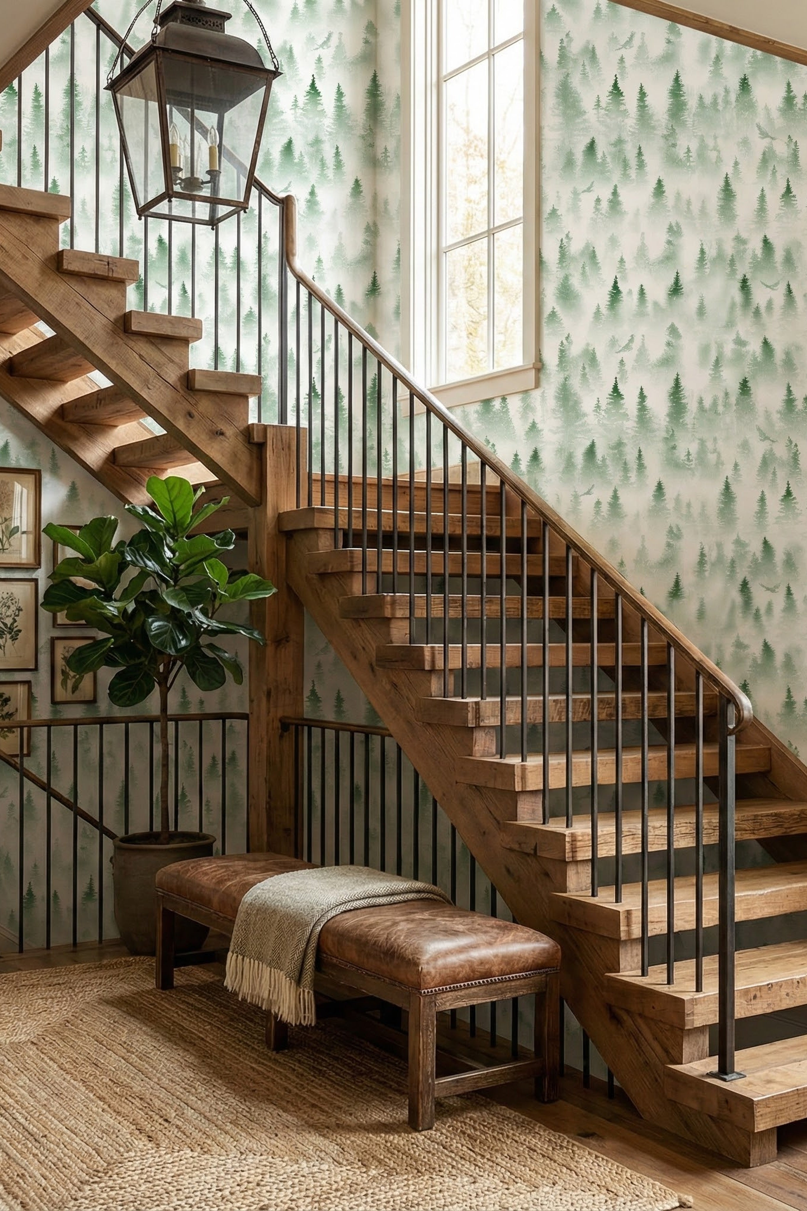 Evergreen Mist wallpaper shown in a stairway