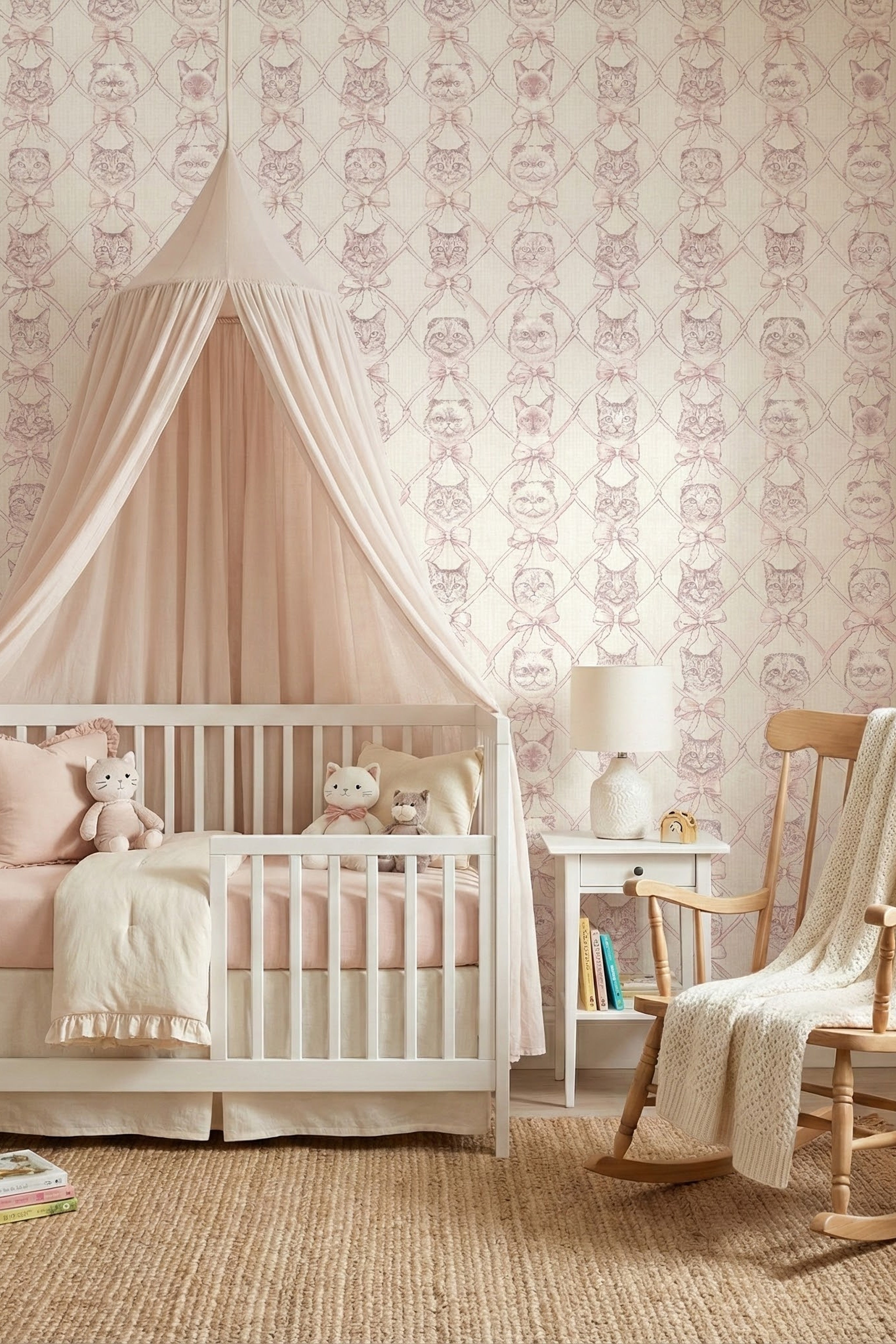 Kitty Bow wallpaper shown in a nursery