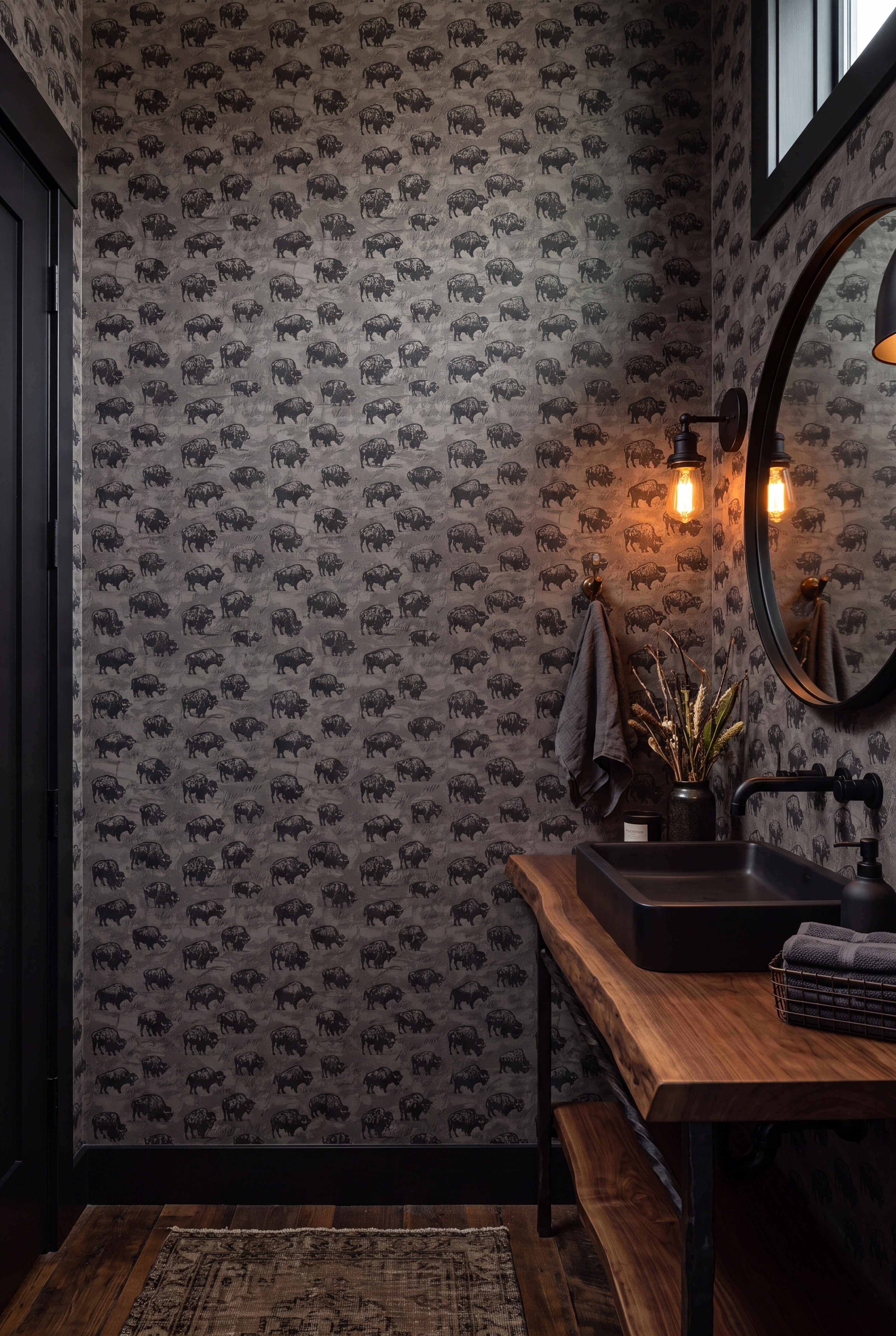 Midnight Bison wallpaper shown in a powder room