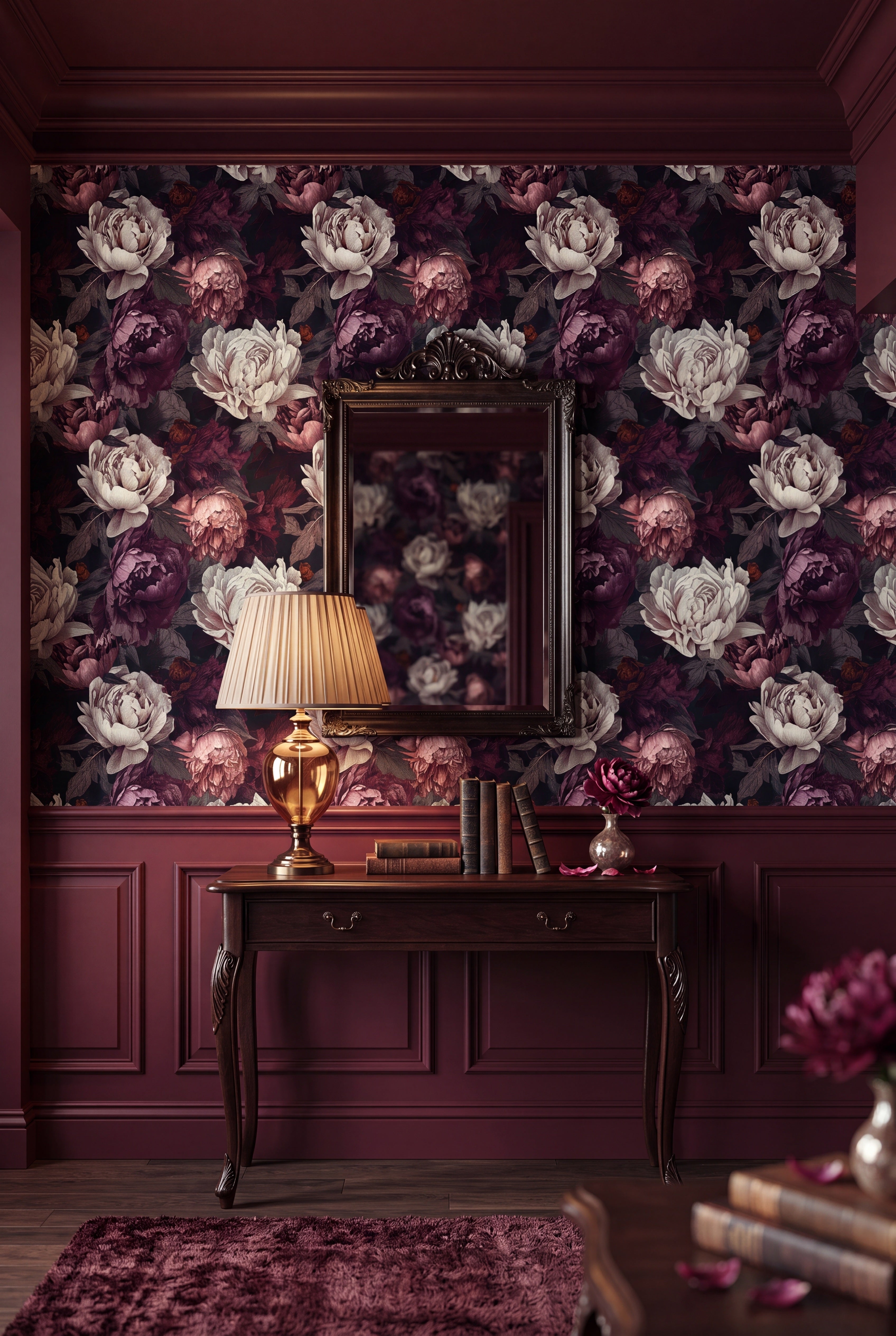 Raven Peony wallpaper shown in an entryway