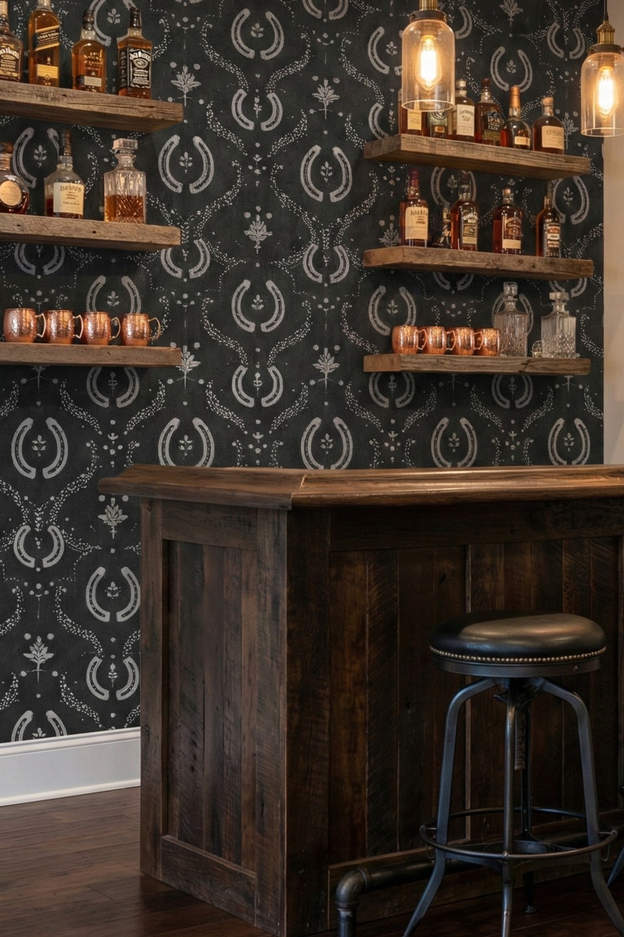 Midnight Rodeo wallpaper shown in a home bar
