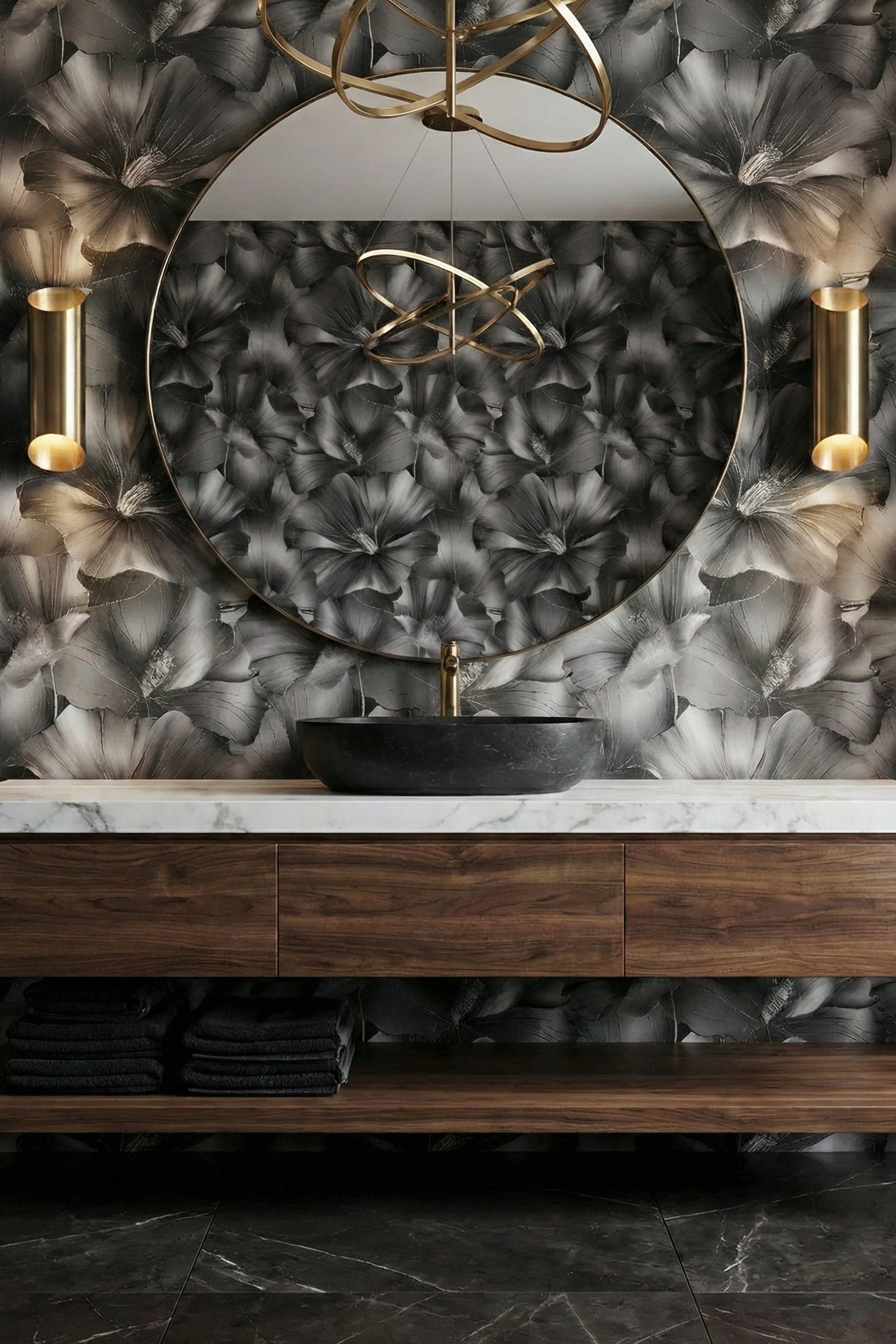 Monochrome Bloom wallpaper shown in a powder room