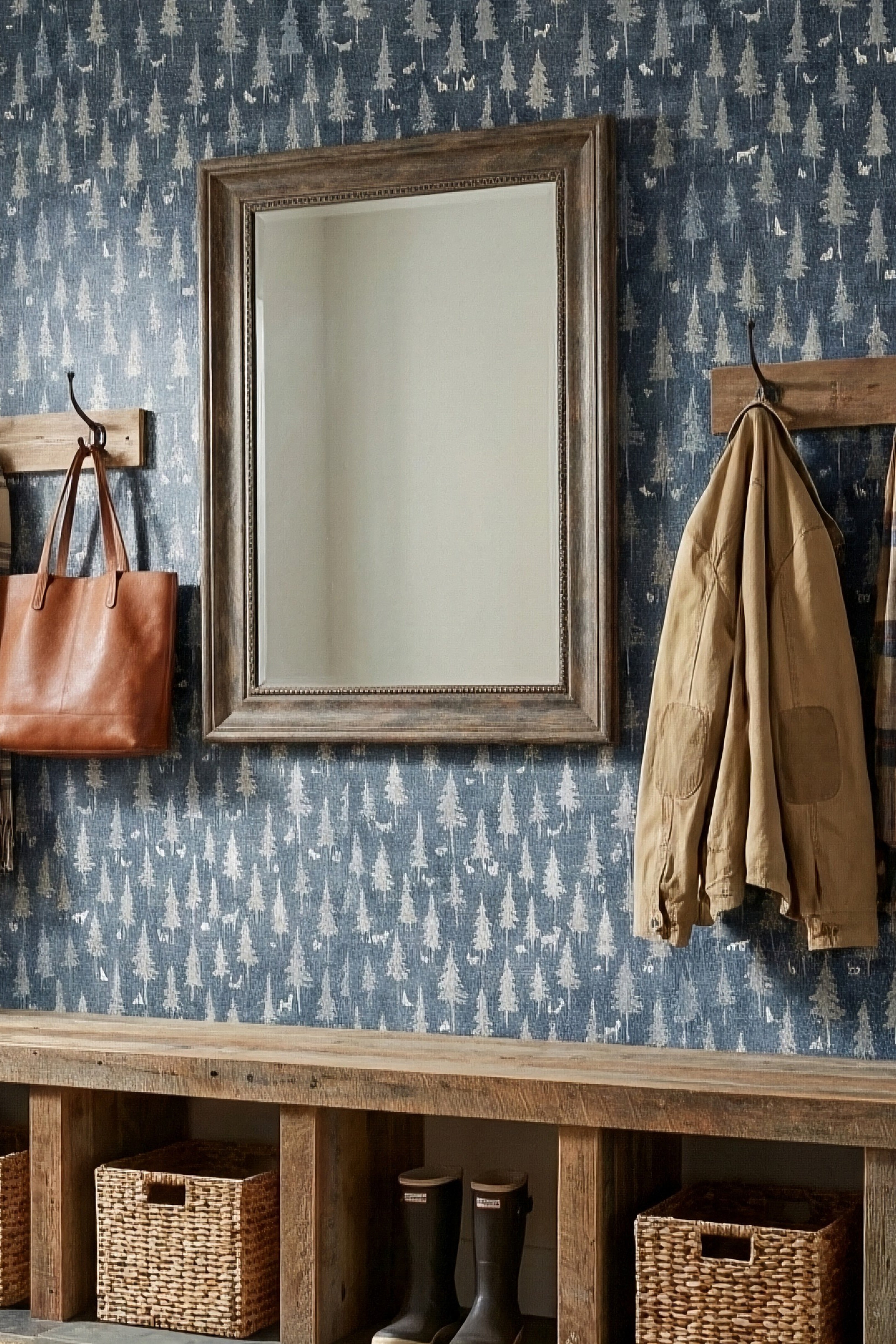 Twilight Woodland wallpaper shown in a mudroom