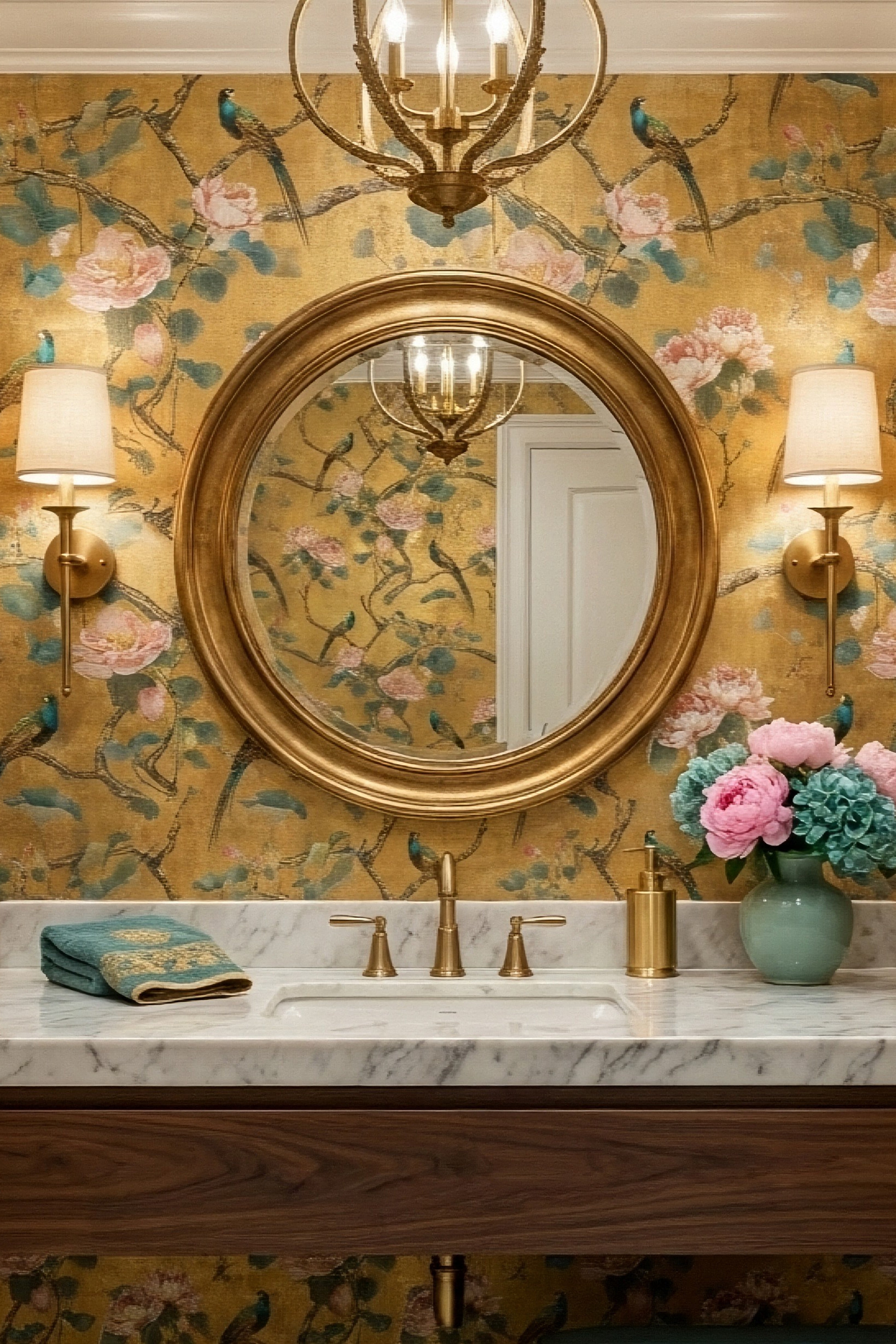 Golden Garden wallpaper shown in a powder room