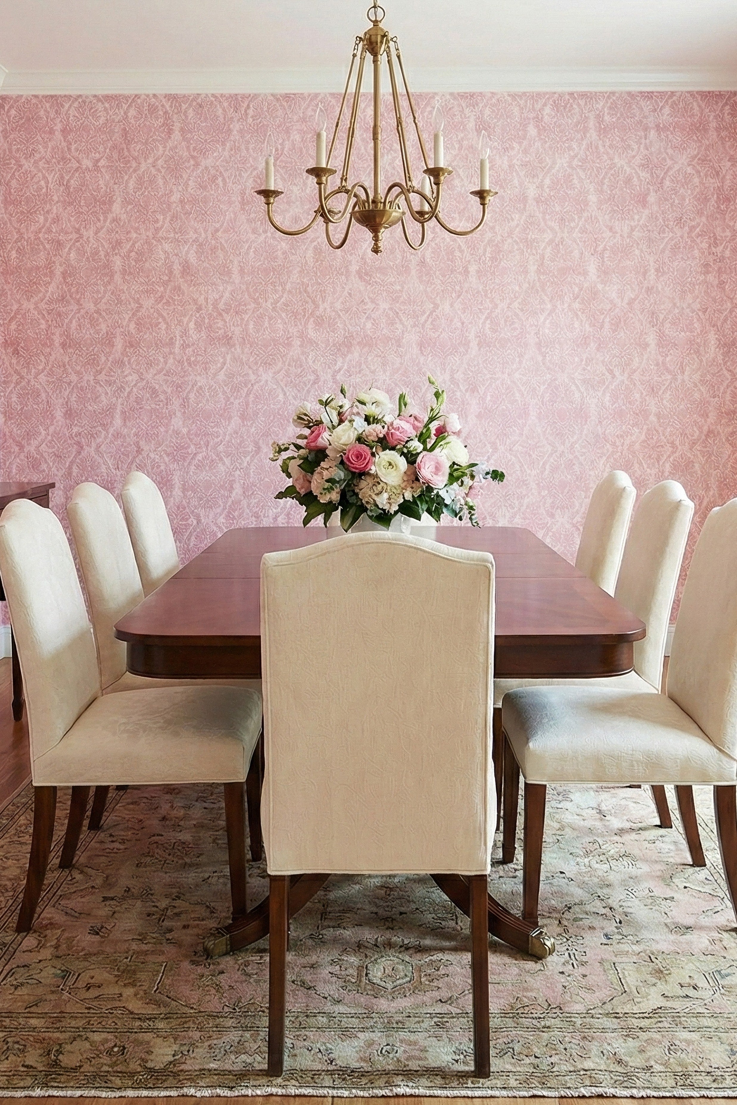 Rose Damask wallpaper shown in a dining room