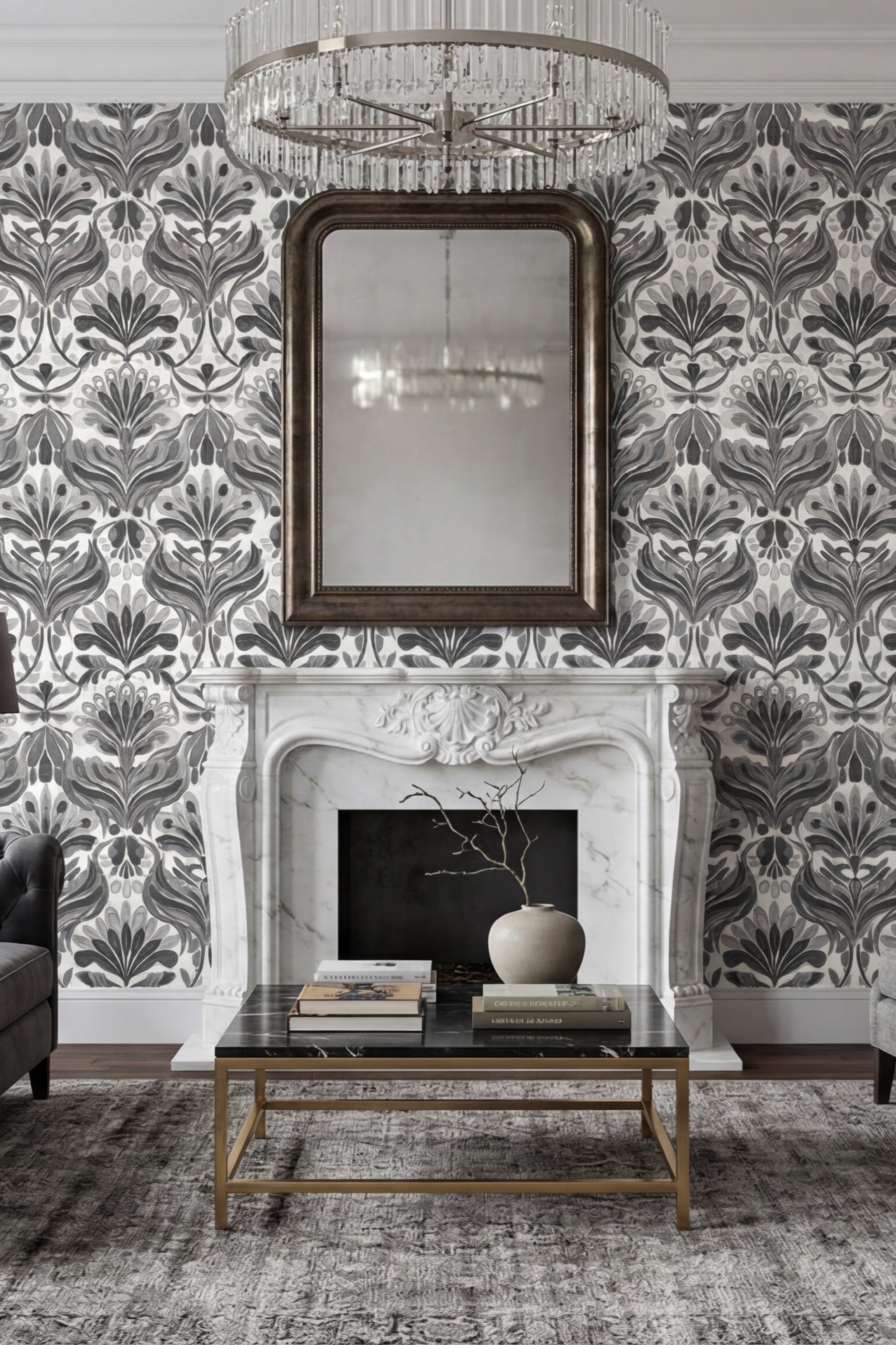 Nouveau Noir wallpaper shown in a living room