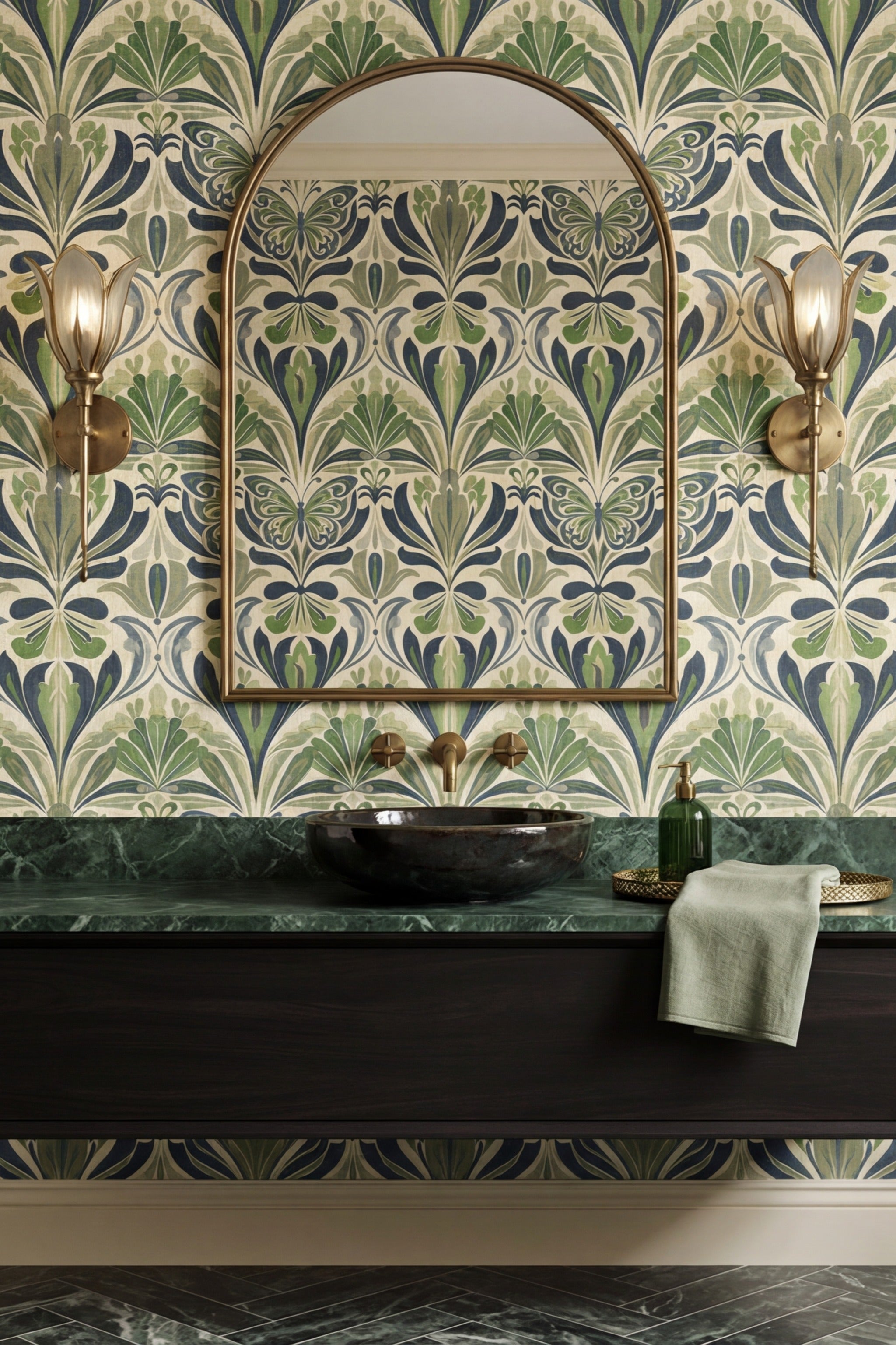 Forest Flutter wallpaper shown in a powder room