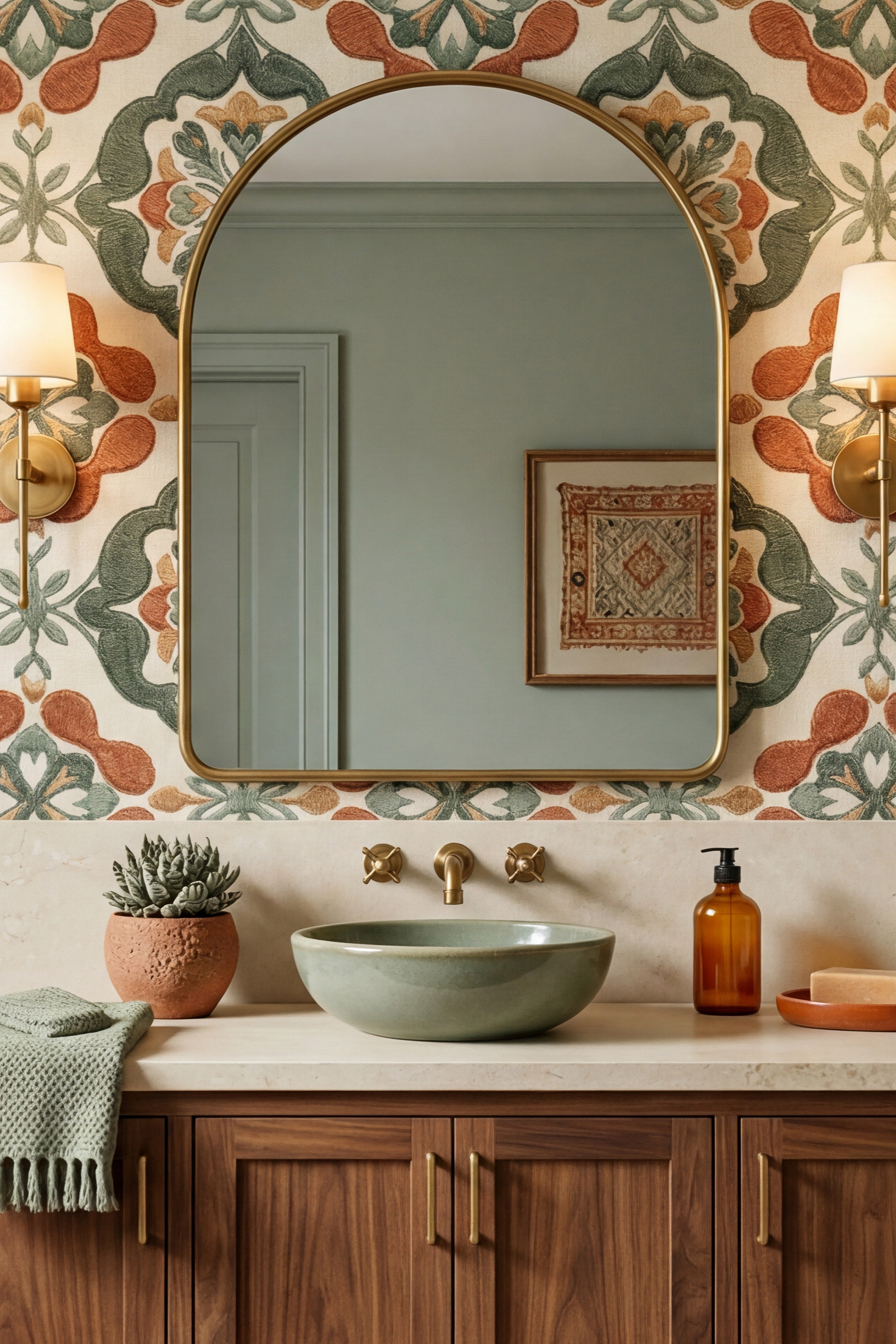 Sage Medina wallpaper shown in a powder room